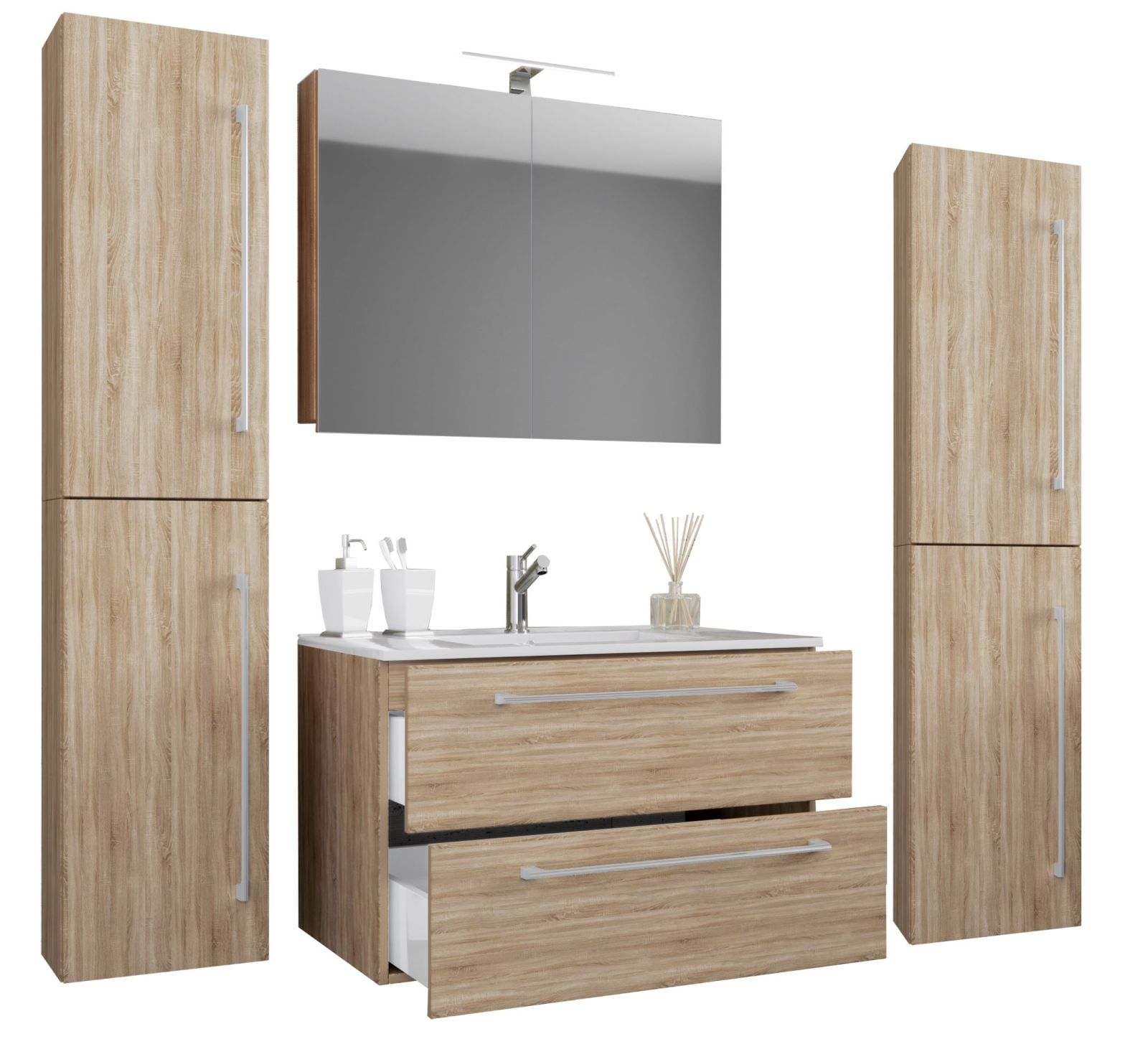 5-teiliges Badmöbel-Set BADINOS - Sonoma Eiche - mit Spiegelschrank