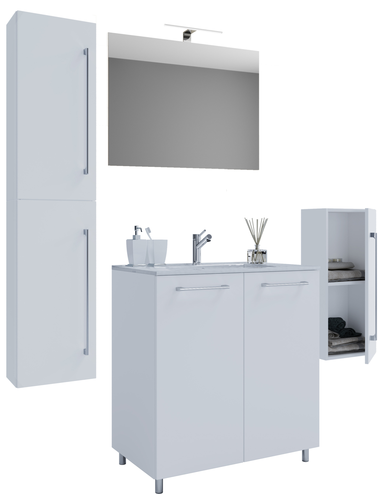 5-teiliges Badmöbel-Set BADINOS - weiß - 60 cm Waschbecken - mit Spiegel