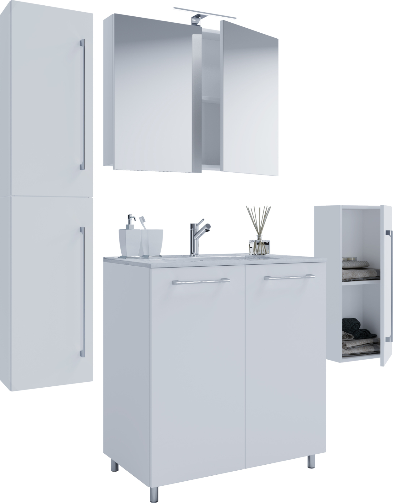 5-teiliges Badmöbel-Set BADINOS - weiß - mit Spiegelschrank