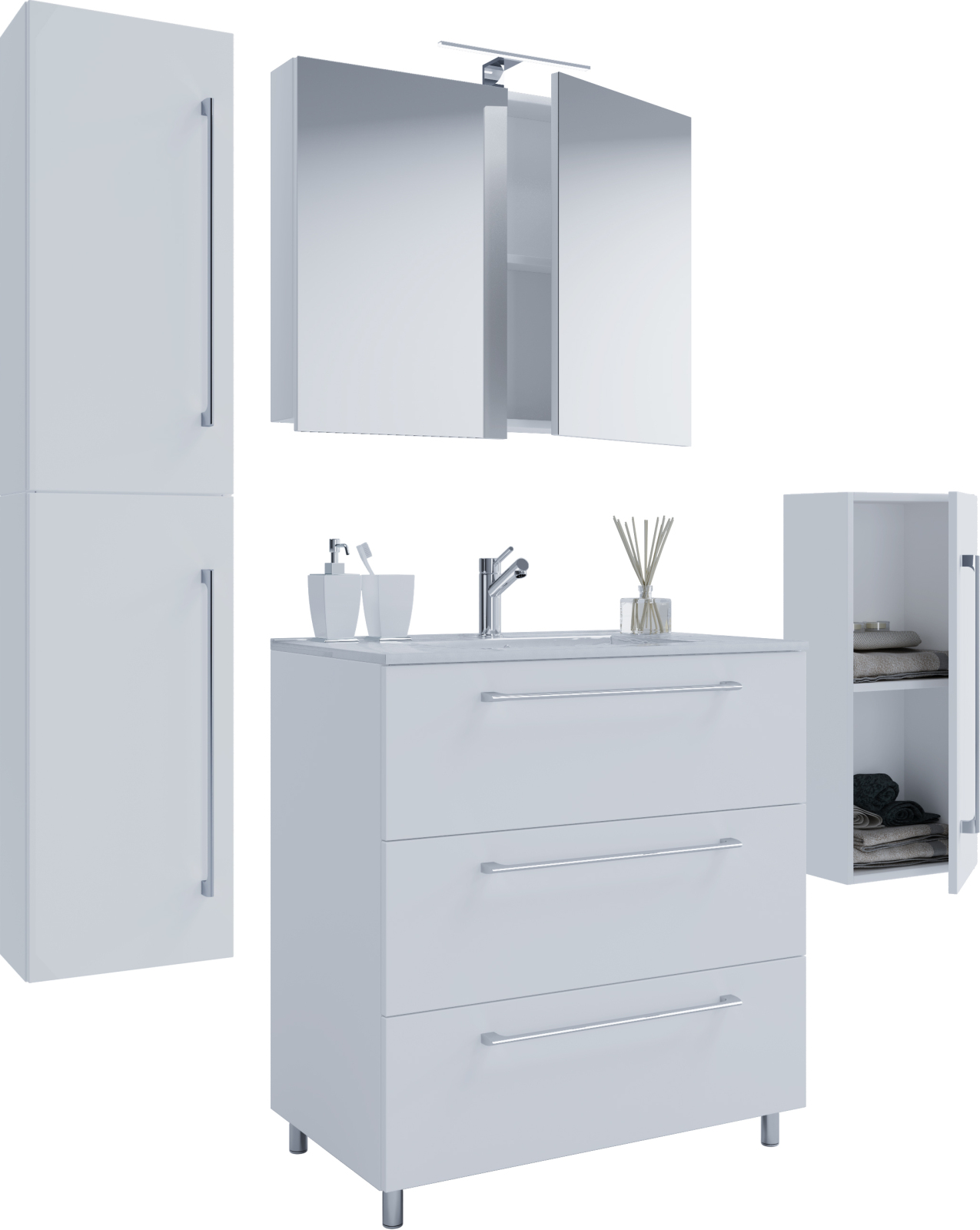 5-teiliges Badmöbel-Set BADINOS - weiß - mit Spiegelschrank