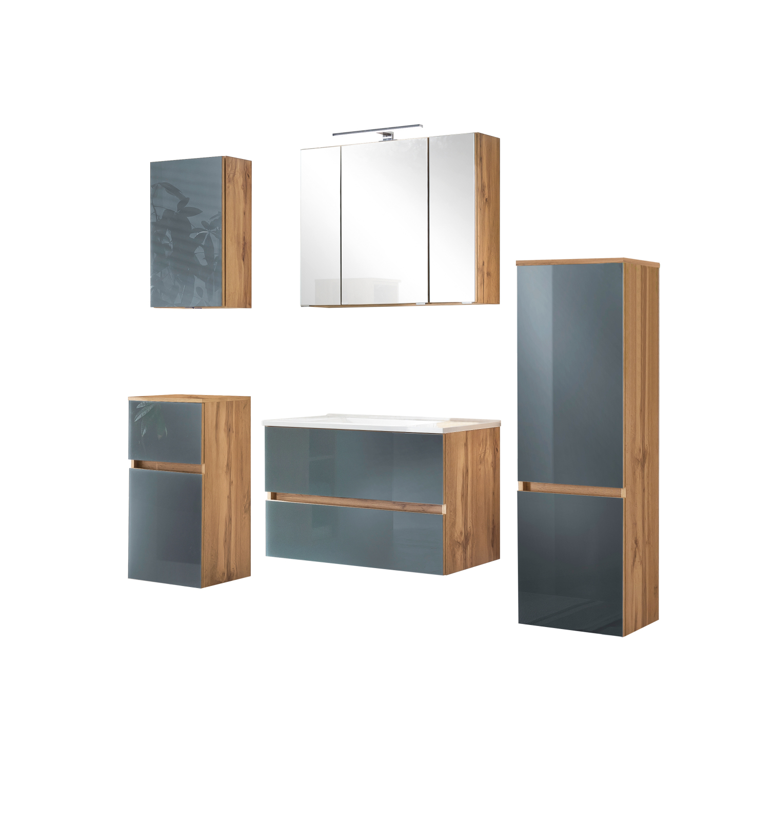 5-teiliges Badmöbel-Set HELSINKI - grau Hochglanz-Wotaneiche - 160 cm