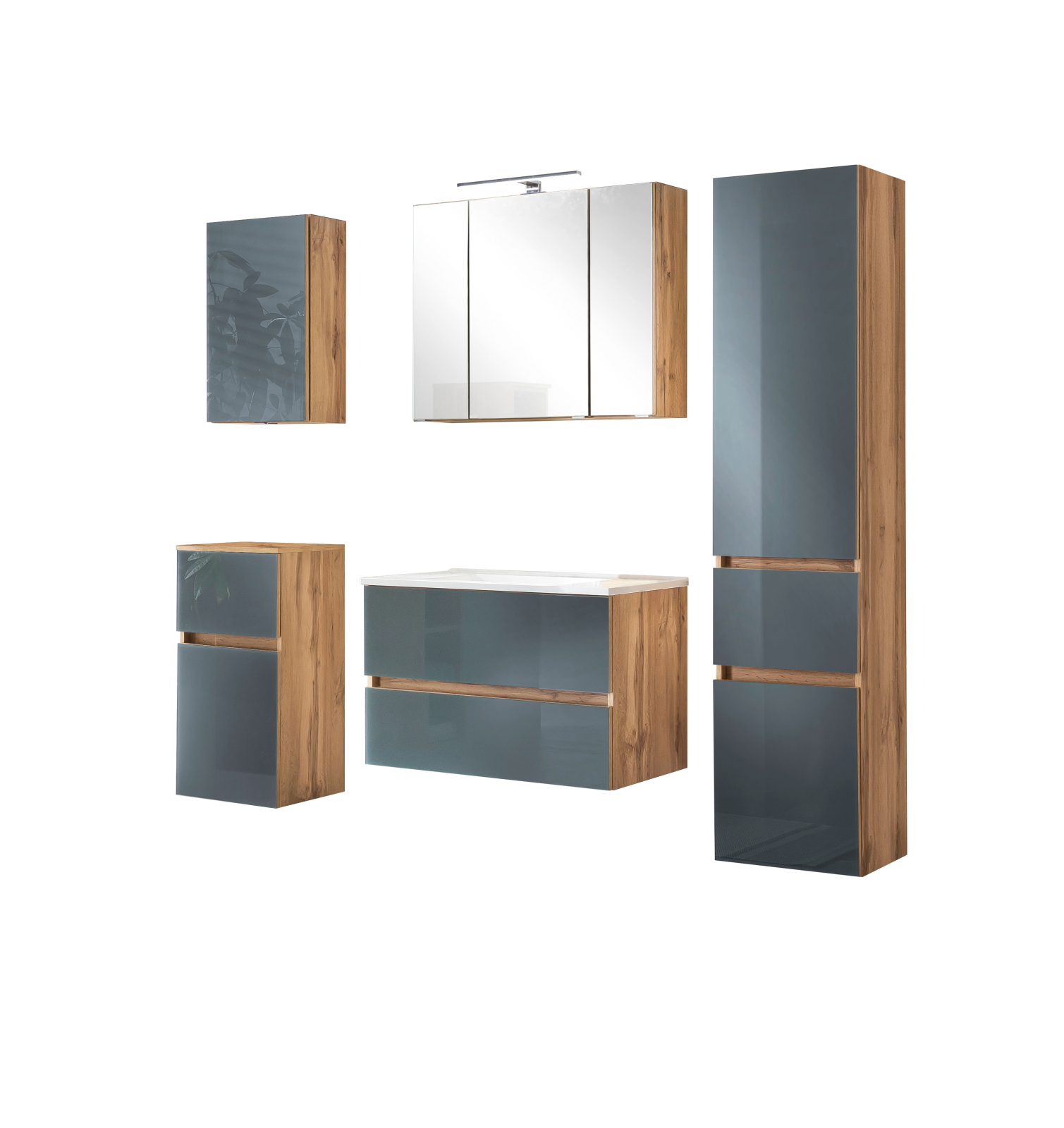 5-teiliges Badmöbel-Set HELSINKI - grau Hochglanz-Wotaneiche - 160 cm