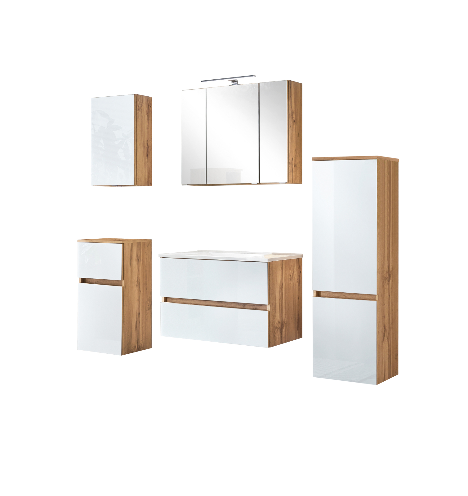 5-teiliges Badmöbel-Set HELSINKI - weiß Hochglanz-Wotaneiche - 160 cm