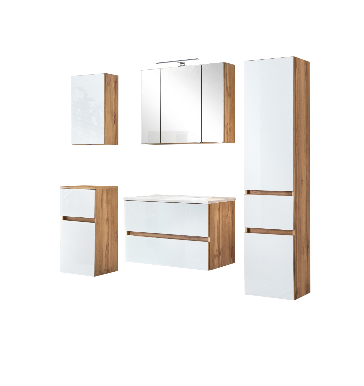 5-teiliges Badmöbel-Set HELSINKI - weiß Hochglanz-Wotaneiche - 160 cm