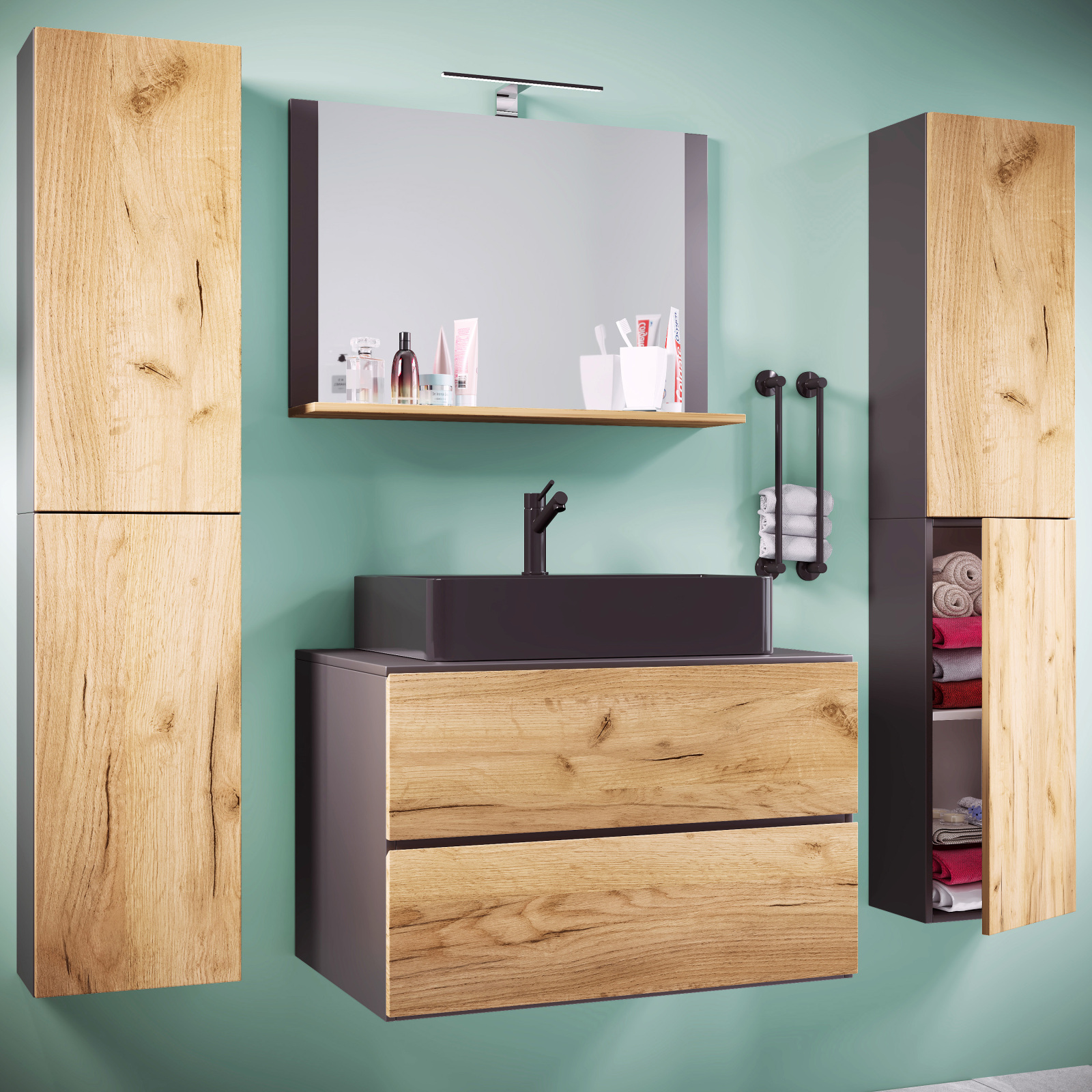 5-teiliges Badmöbel-Set LENDAS BL XL - Honig Eiche - anthrazit - 60 cm