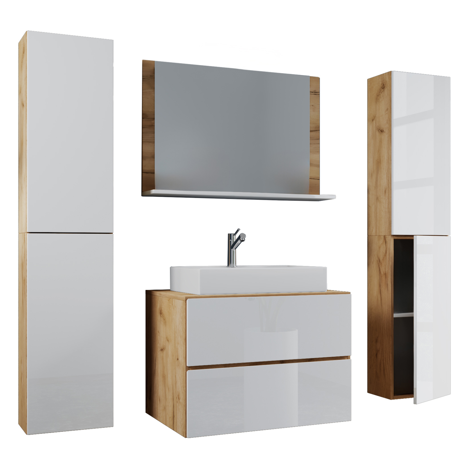 5-teiliges Badmöbel-Set LENDAS XL - Honig Eiche - weiß - 60 cm