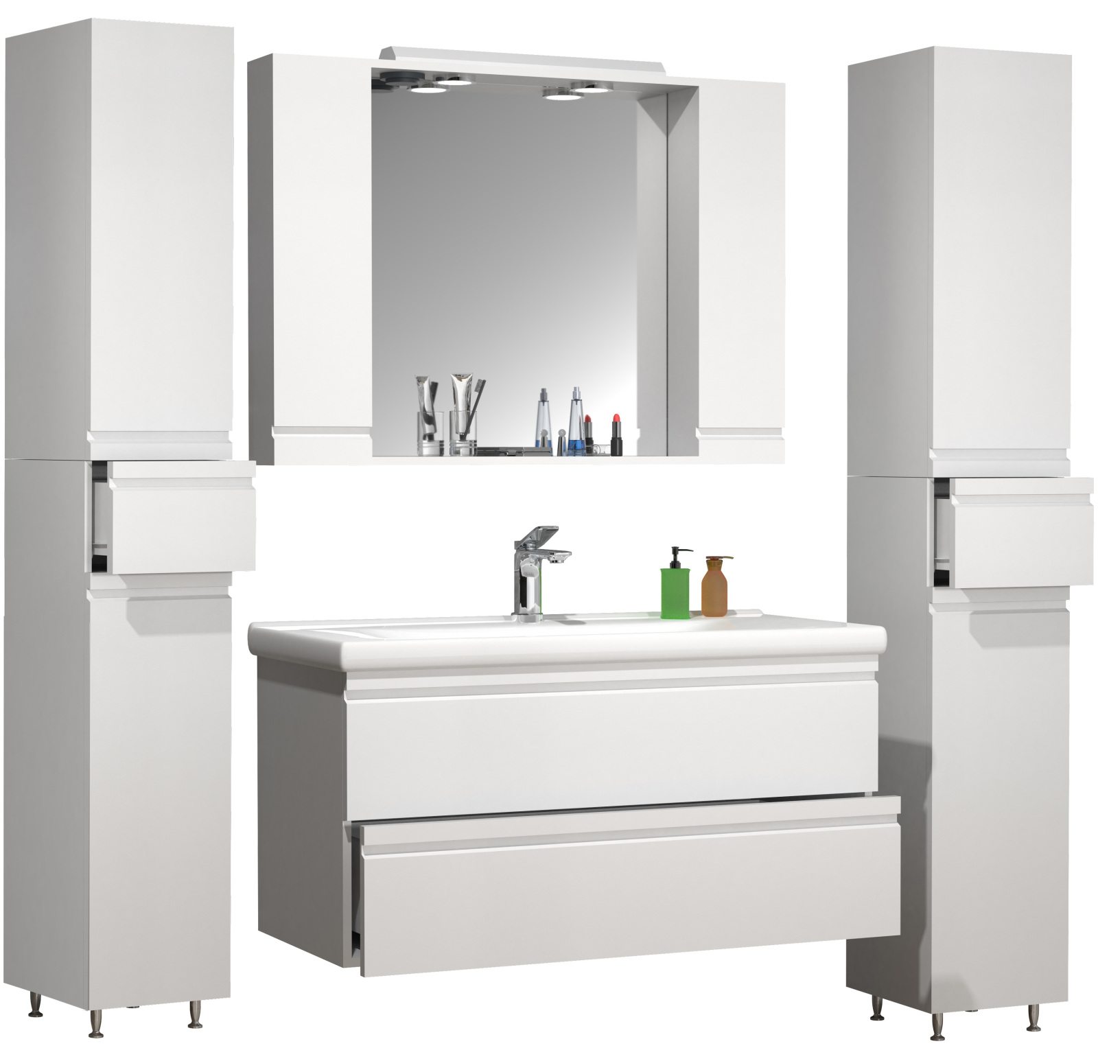 5-teiliges Badmöbel-Set SILORA XL - weiß - 100 cm Waschbecken - mit Spiegelschrank