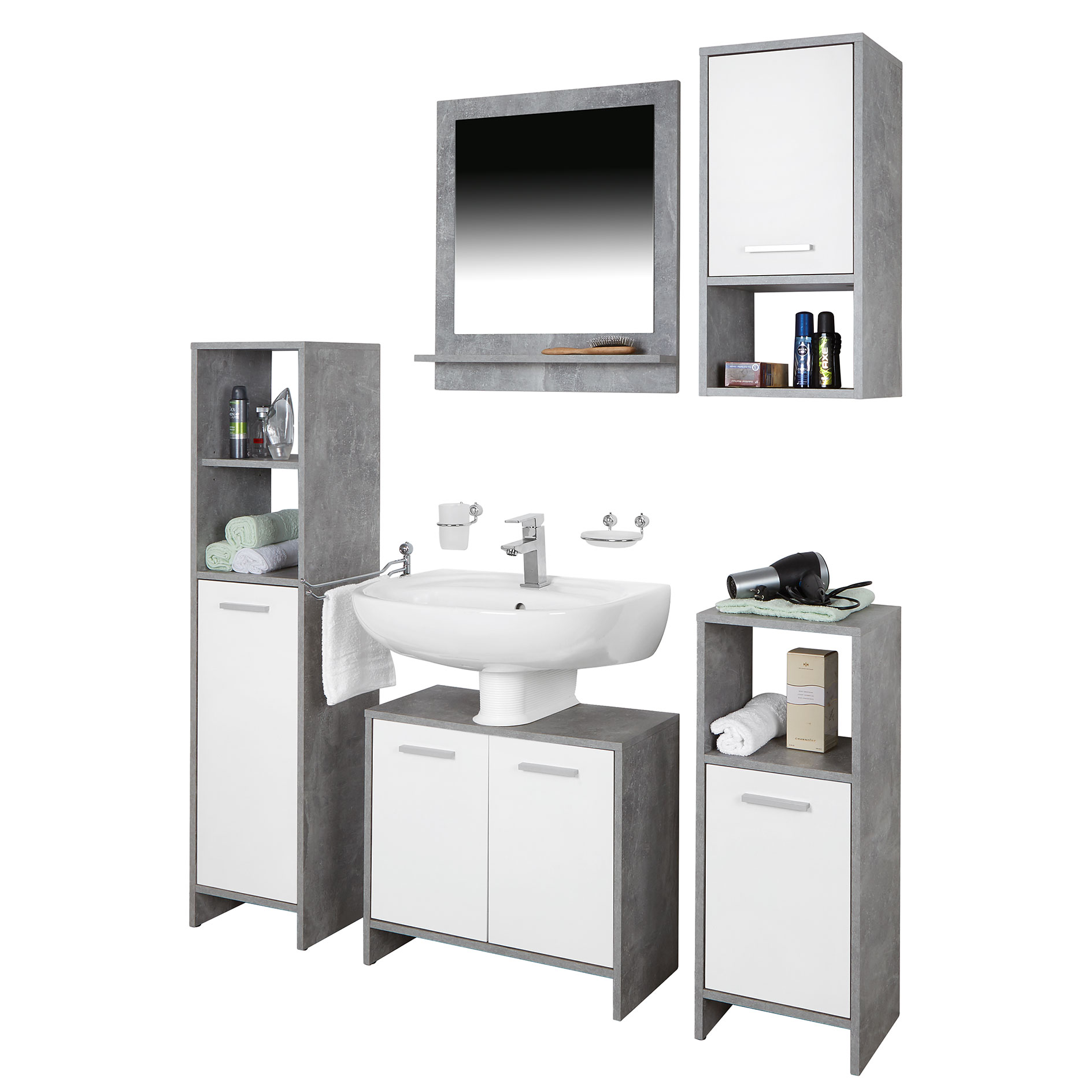 5-teiliges Badmöbel-Set - weiß-Betonoptik