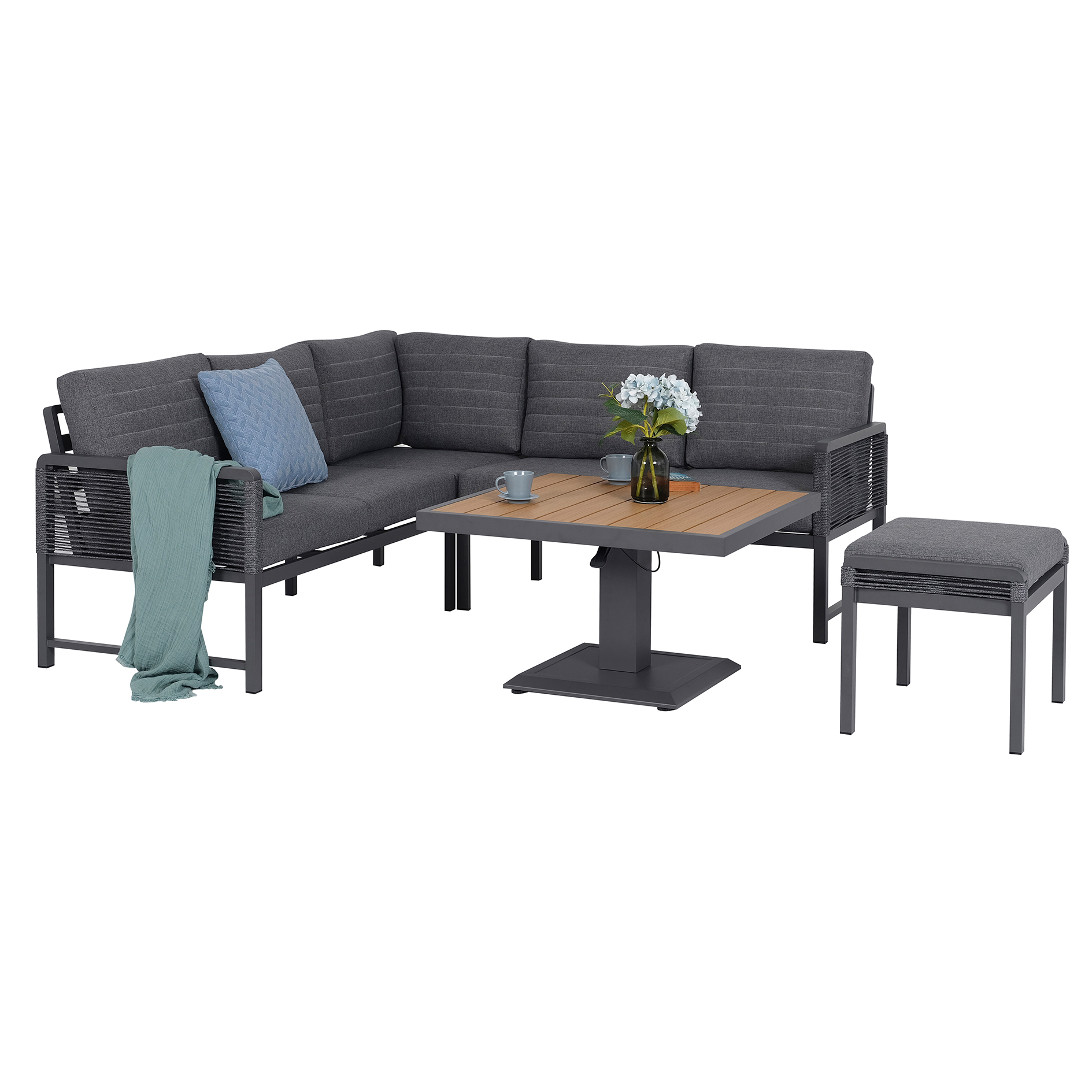 5-teiliges Gartenlounge-Set - grau - mit Lifttisch und Polster