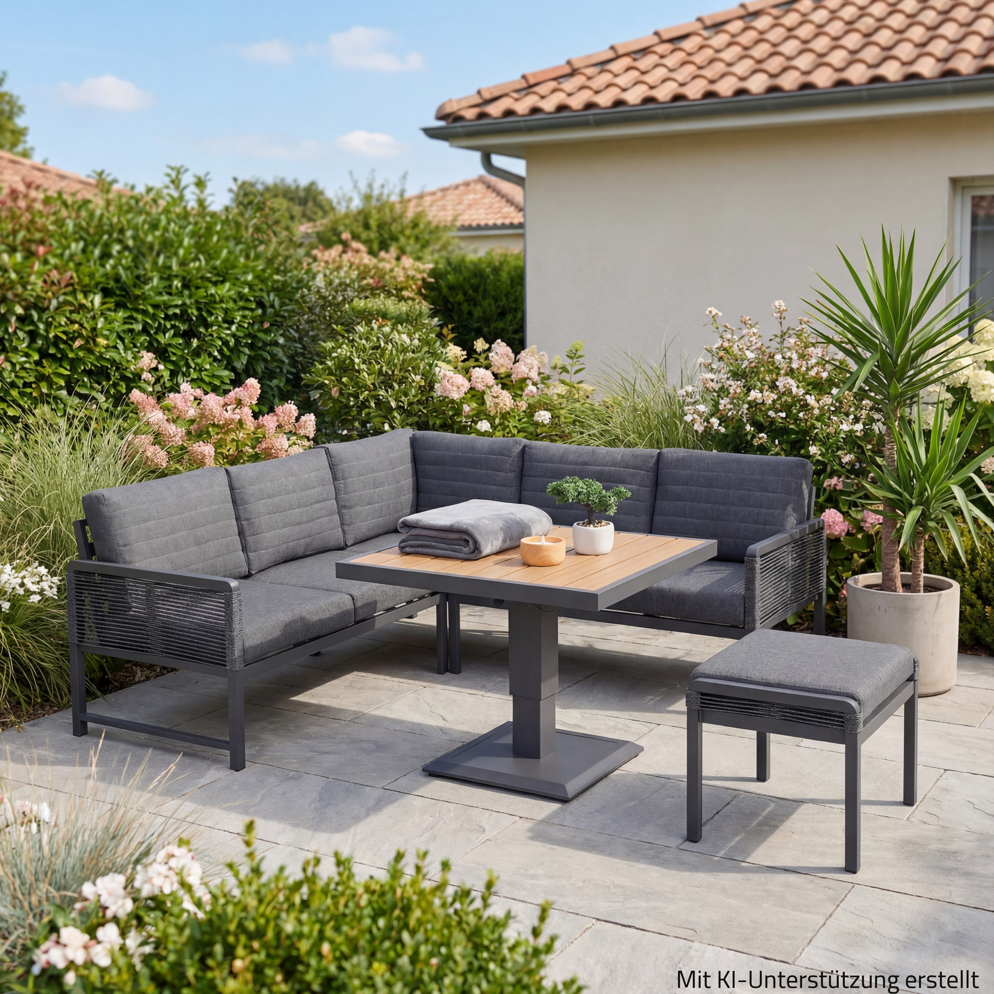5-teiliges Gartenlounge-Set - grau - mit Lifttisch und Polster