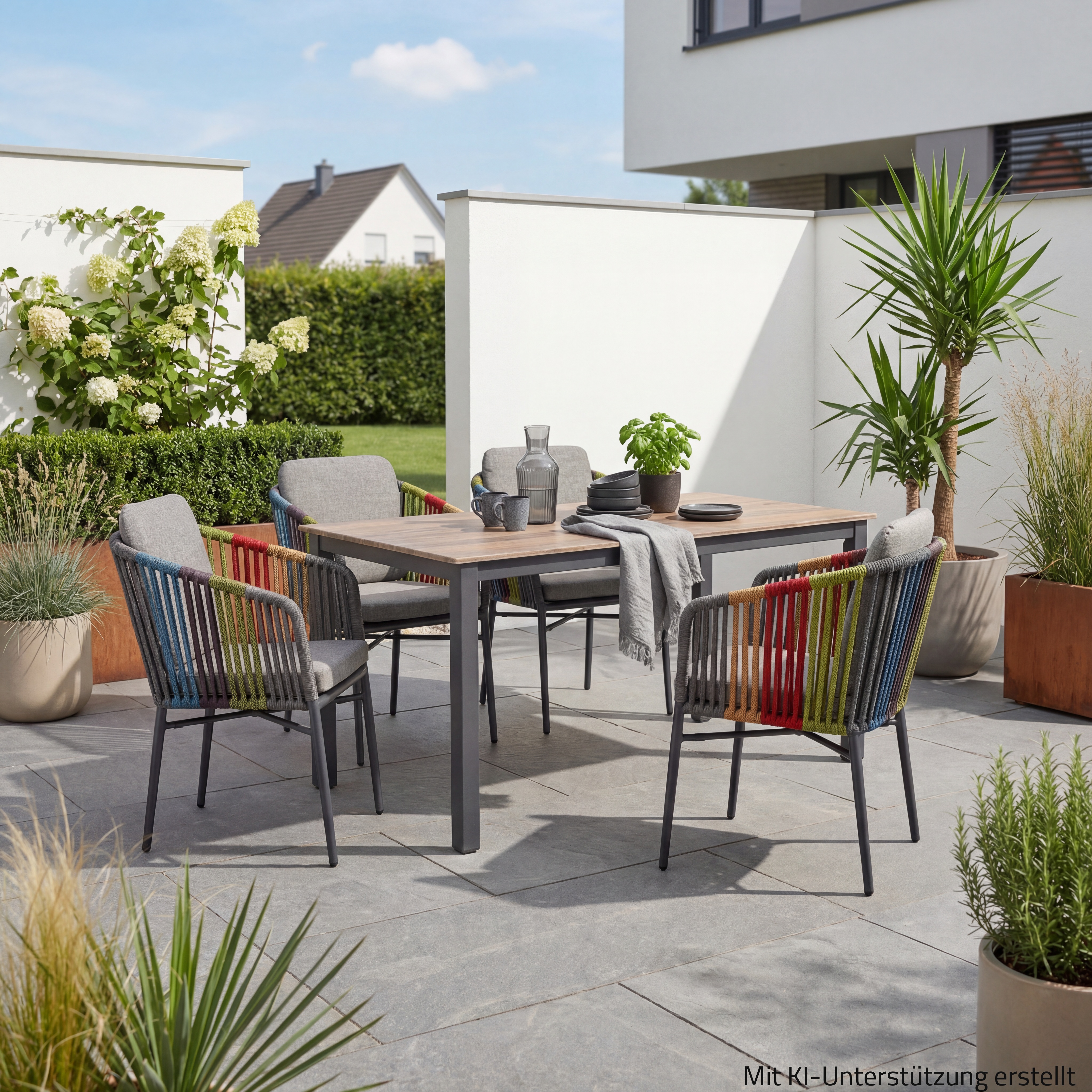 5-teiliges Gartenmöbel-Set - grau-multicolor - mit Sitzpolster