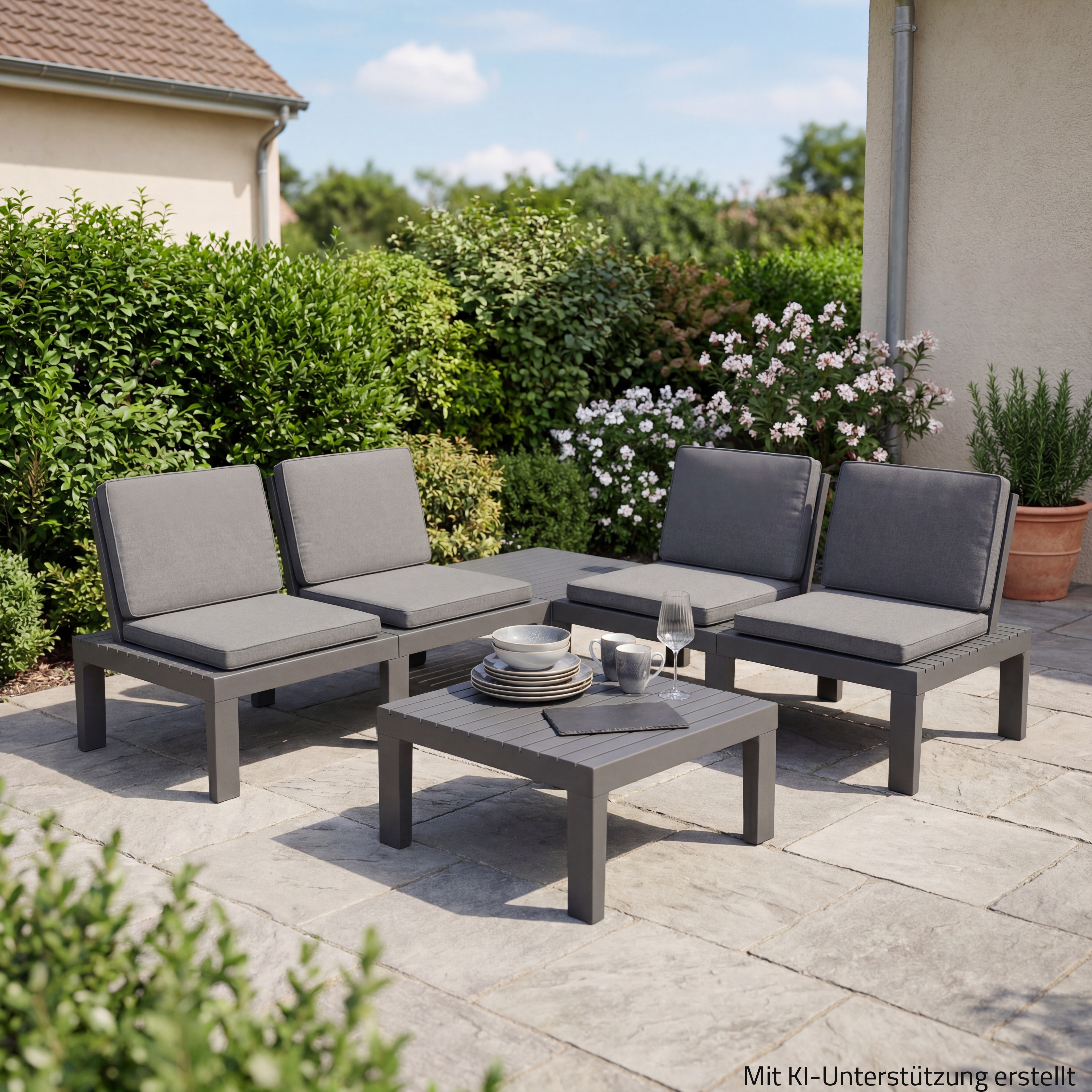 5-teiliges Gartenset - anthrazit - mit Kissen