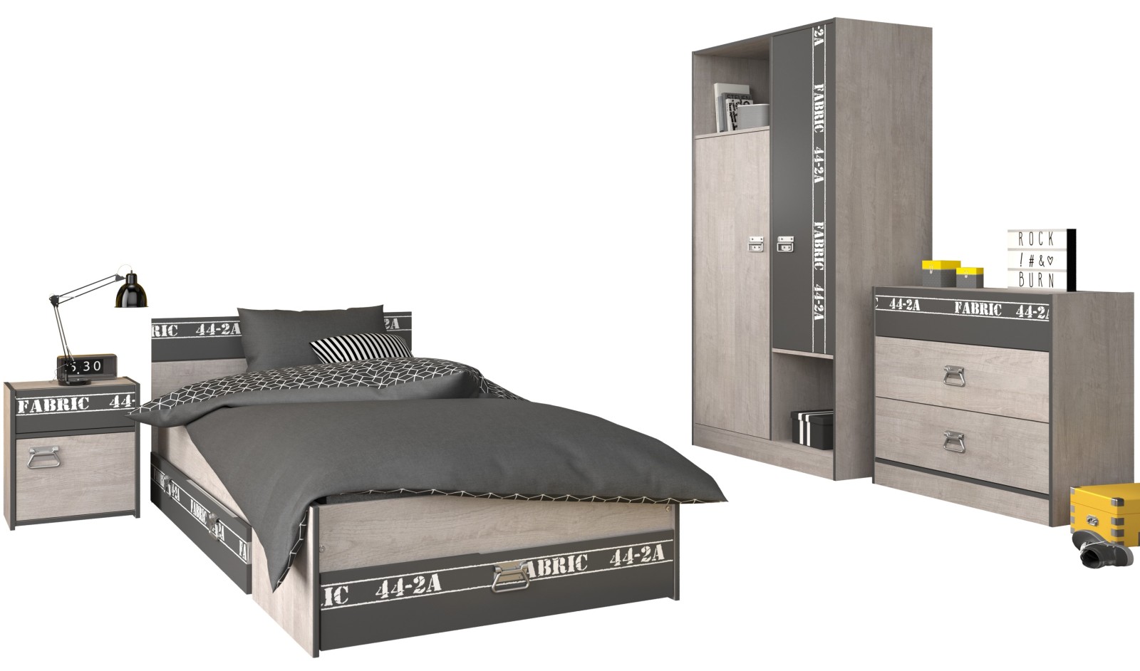 5-teiliges Jugendzimmer-Set FABRIC 1 - Esche - grau
