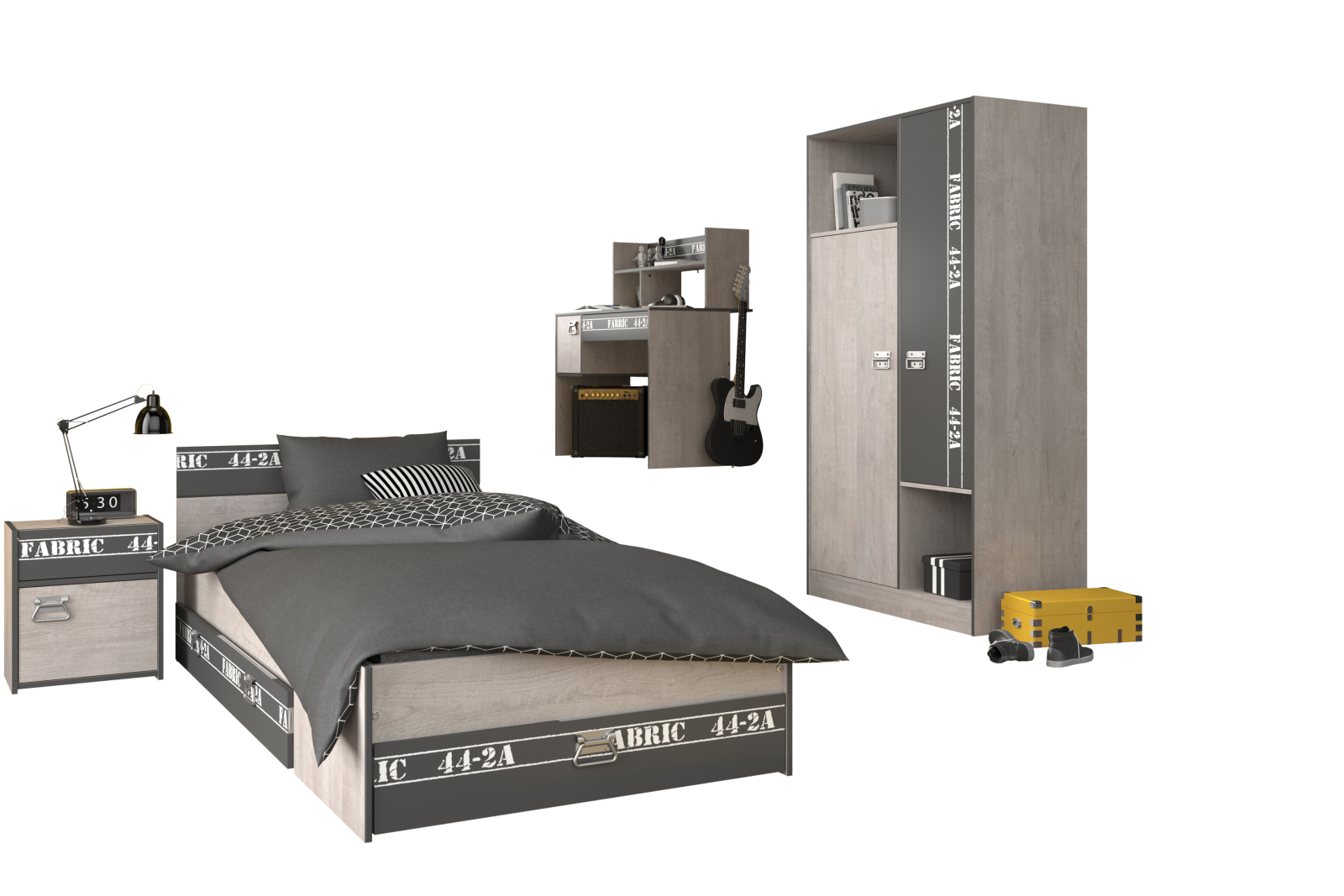 5-teiliges Jugendzimmer-Set FABRIC 12 - Esche - grau