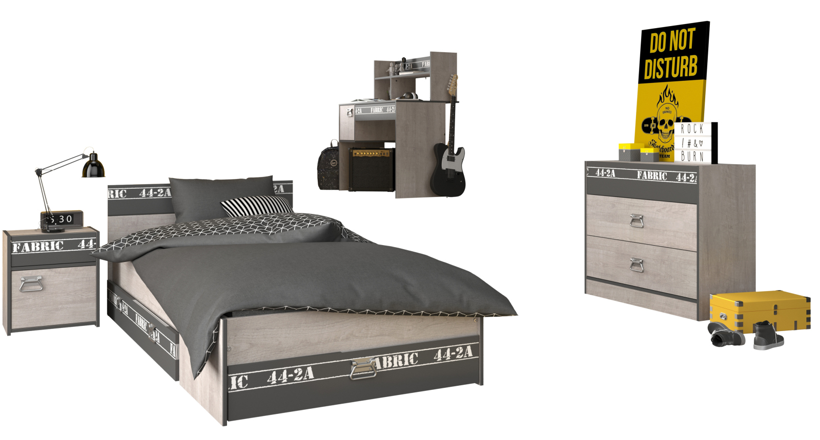 5-teiliges Jugendzimmer-Set FABRIC 13 - Esche - grau