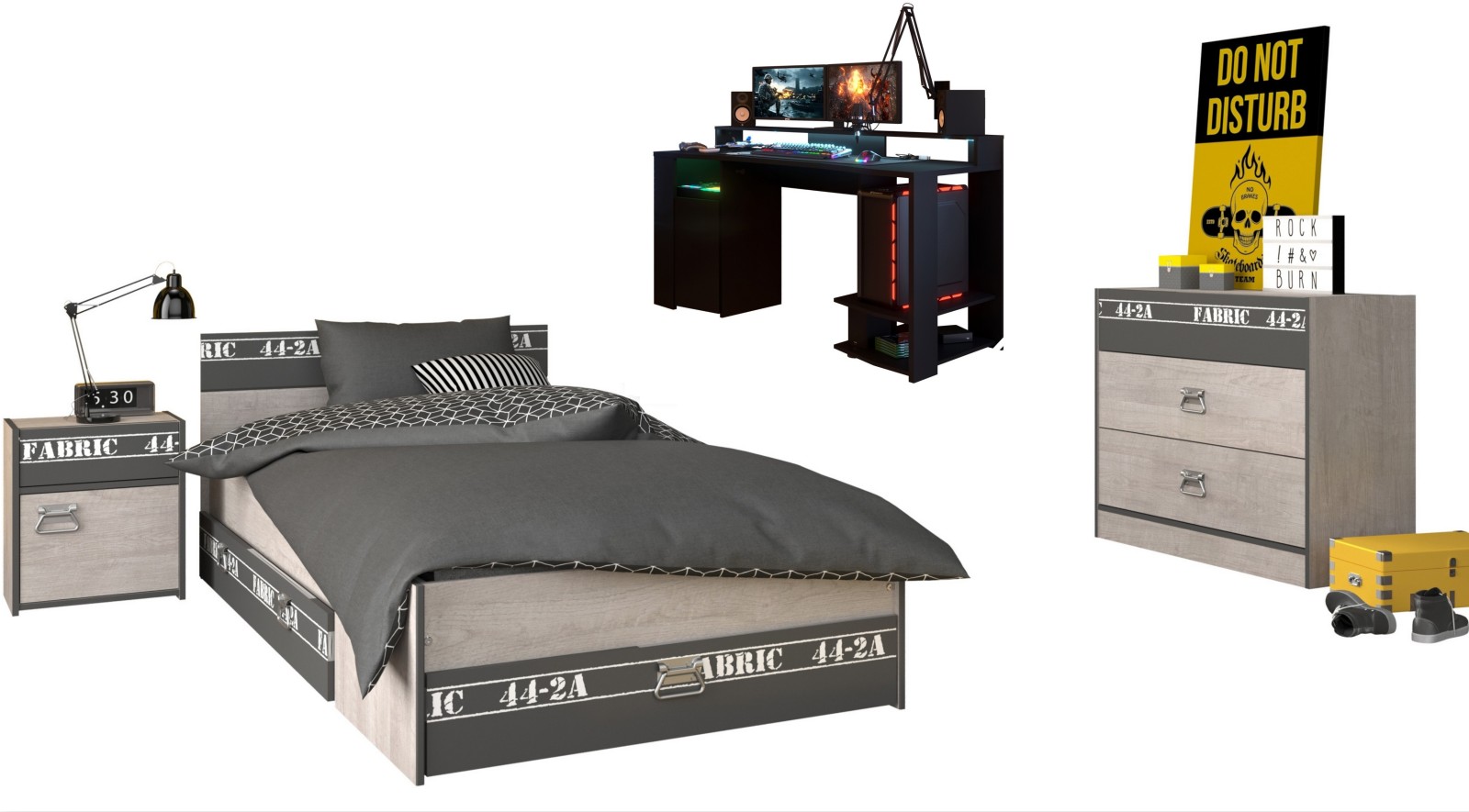 5-teiliges Jugendzimmer-Set FABRIC 21 - Esche - grau