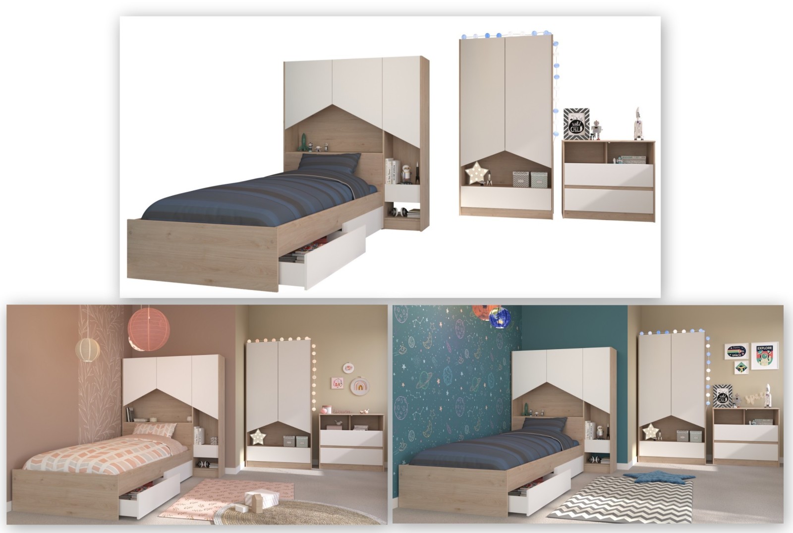 5-teiliges Kinderzimmer SHELTER 2 - Jackson Eiche - weiß