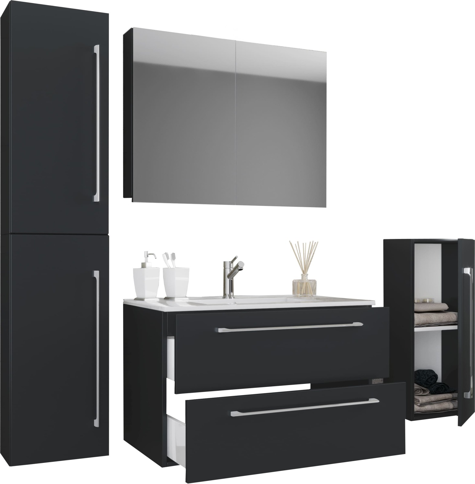 5-teiliges Waschplatz-Set BADINOS - schwarz - mit Spiegelschrank - 80er Unterschrank