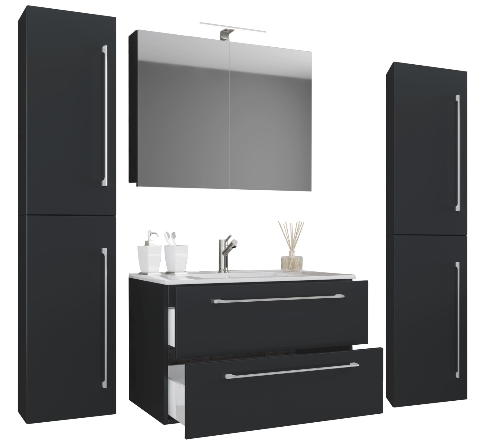 5-teiliges Waschplatz-Set BADINOS - schwarz - Spiegelschrank - 2 Hochschränke - 80er Unterschrank