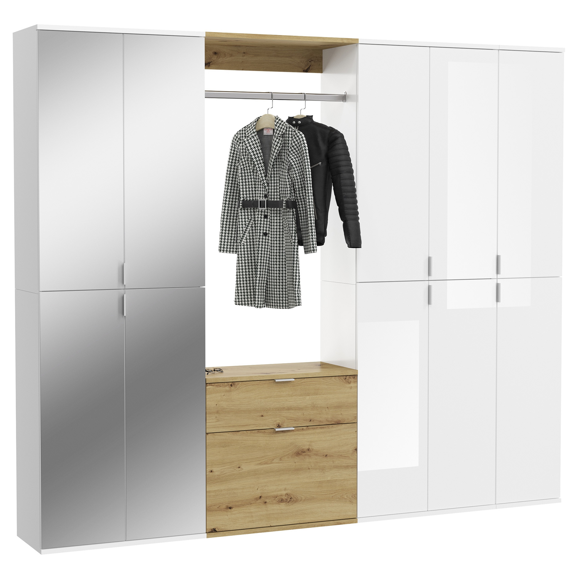 6-teilige Garderobenkombination PROJEKT X - weiß Hochglanz - Artisan Eiche - mit Spiegel - 213 cm