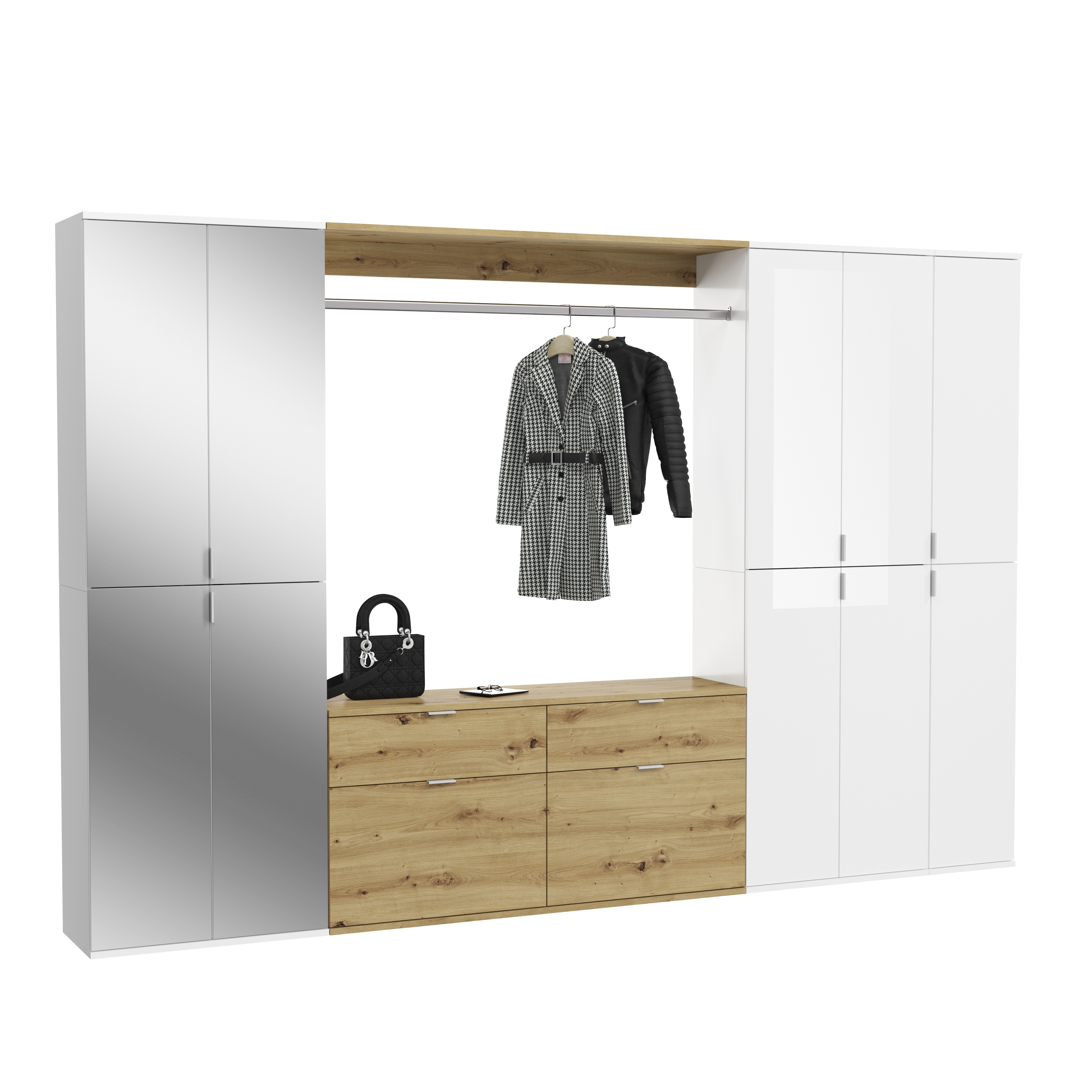 6-teilige Garderobenkombination PROJEKT X - weiß Hochglanz - Artisan Eiche - mit Spiegel - 273 cm