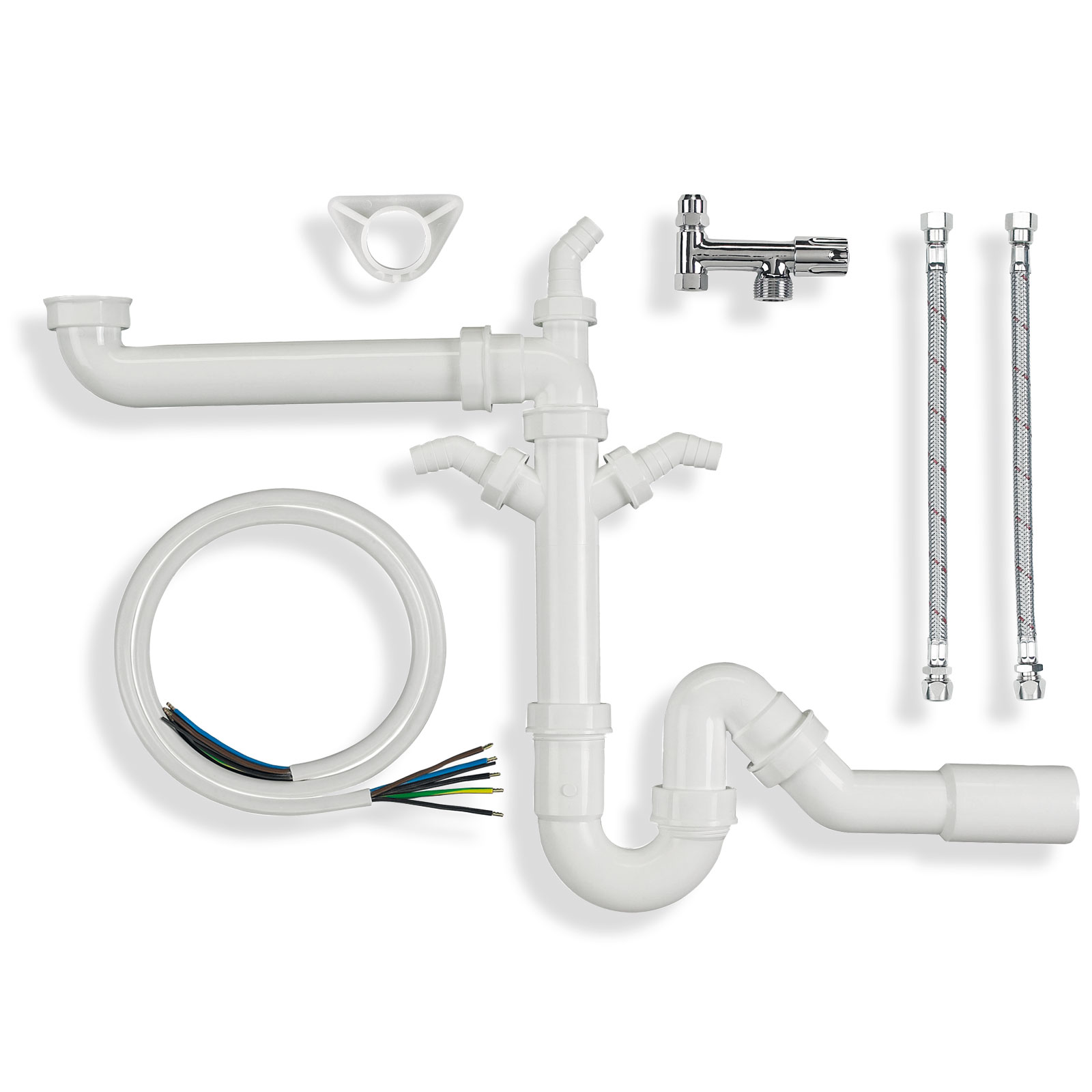 6-teiliges Anschluss-Set für Küchen - Syphon - Herdanschlusskabel - Kupplung - Wasseranschluss