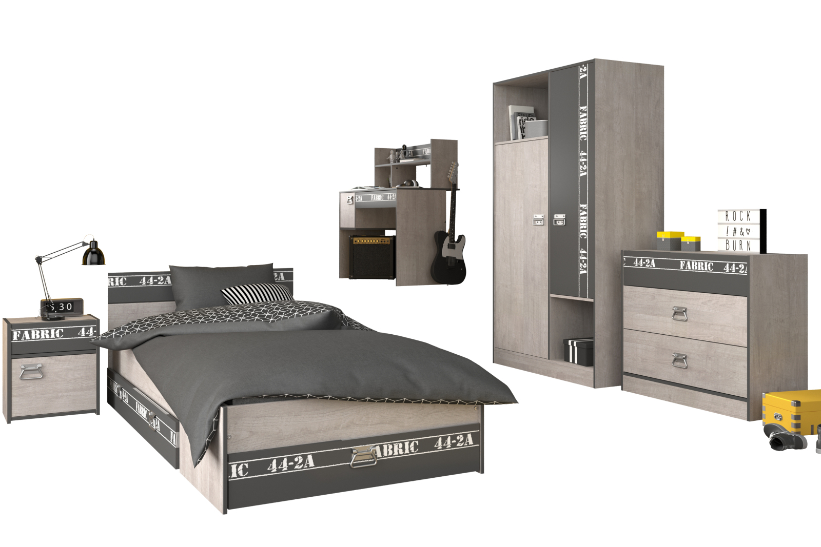 6-teiliges Jugendzimmer-Set FABRIC 11 - Esche - grau