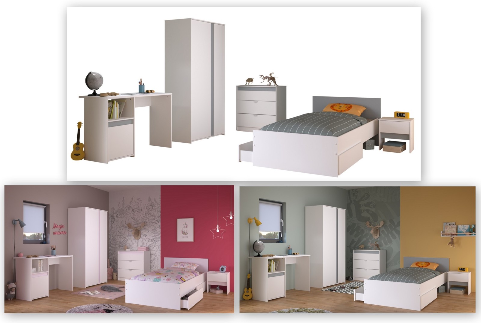 6-teiliges Kinderzimmer PIROUETTE 21 - weiß - rosa oder grau - 90x200 cm