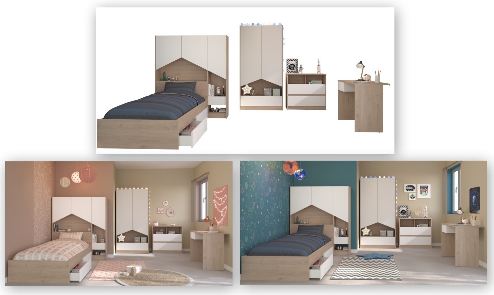 6-teiliges Kinderzimmer SHELTER 1 - Jackson Eiche - weiß