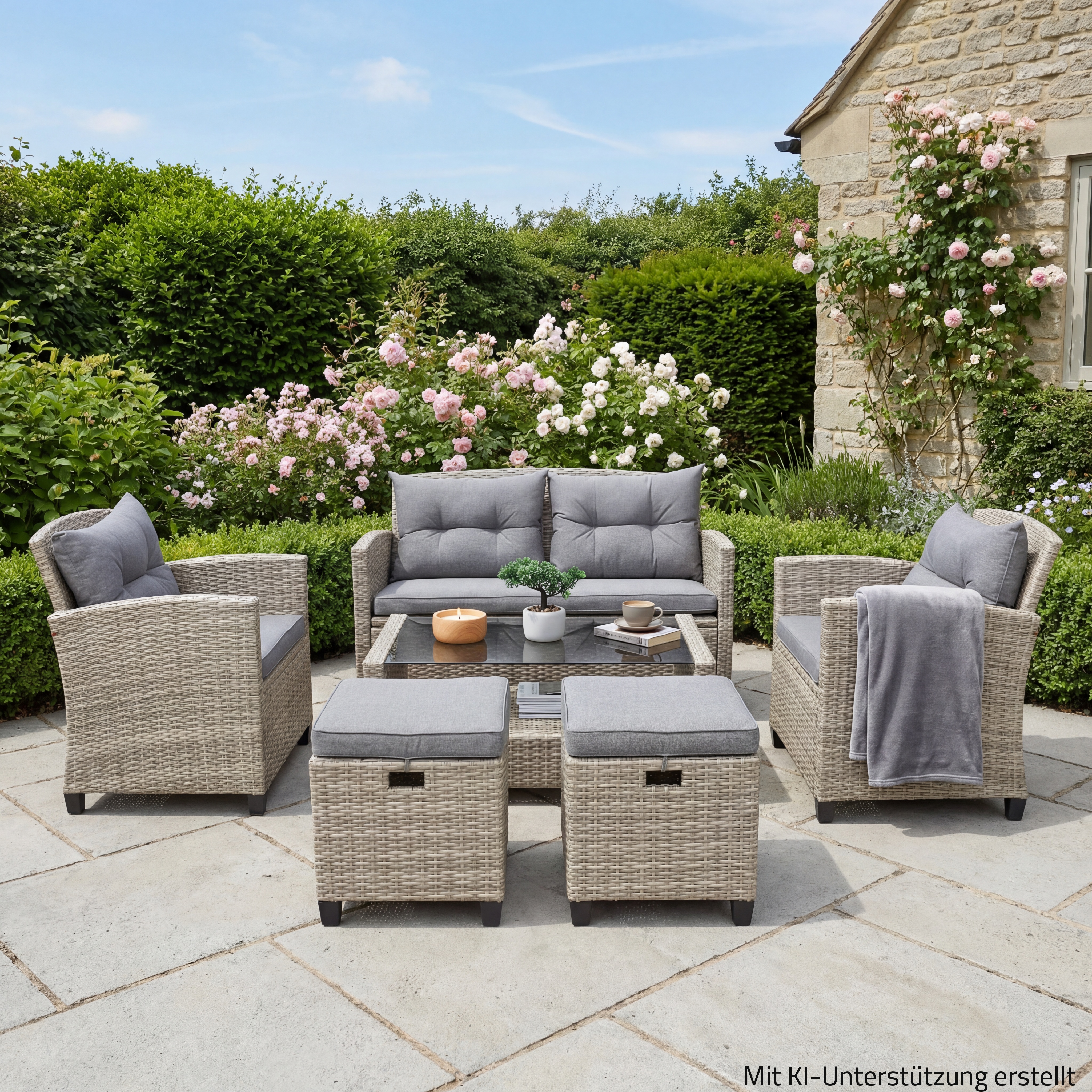 6-teiliges Lounge-Set - beige-grau - Rattan
