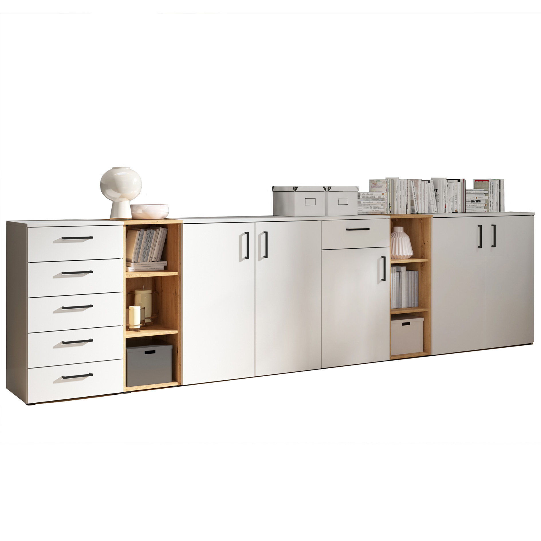 6-teiliges Multi-Stauraum-Set - weiß - Artisan Eiche - Sideboard