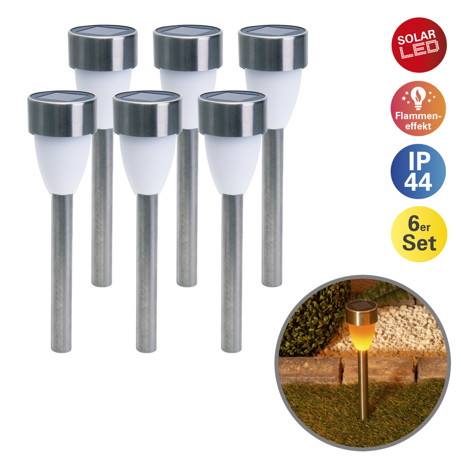 6er-Set LED-Solar-Erdspieß - Edelstahl - Flammeneffekt