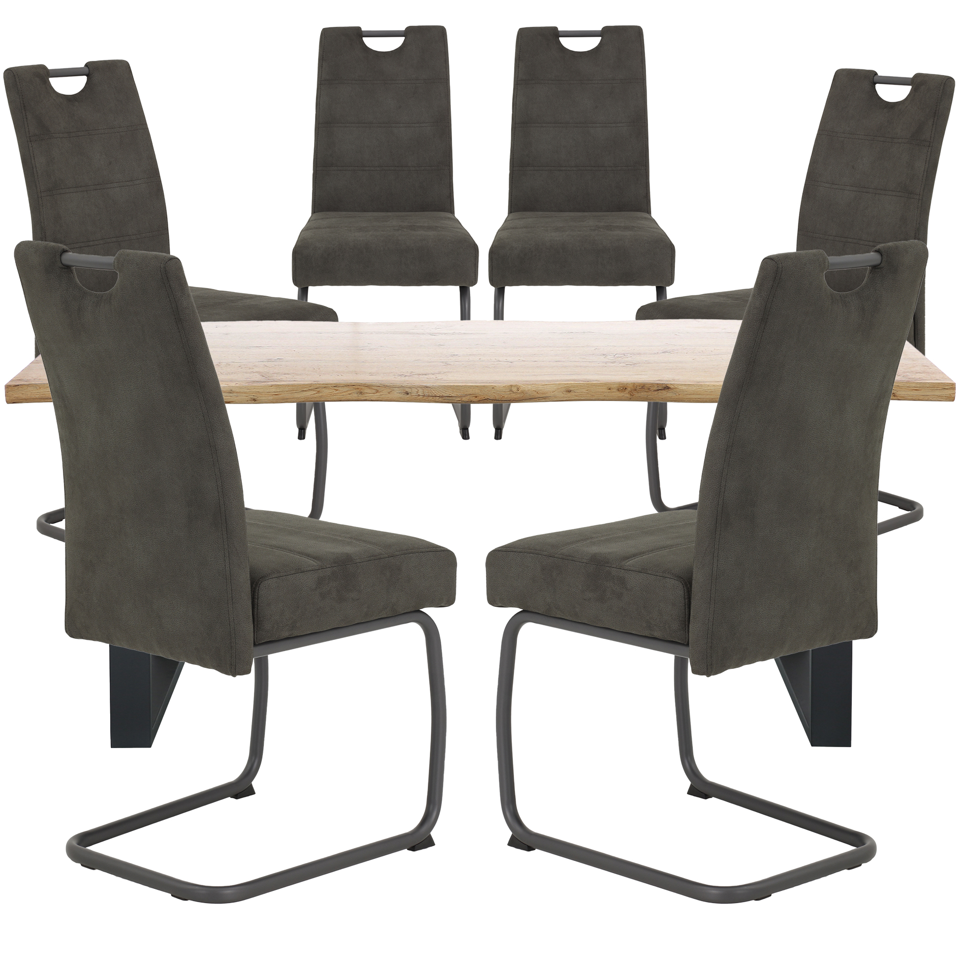 7-teilige Tischgruppe - anthrazit - grau - Holzoptik braun - 180x90 cm