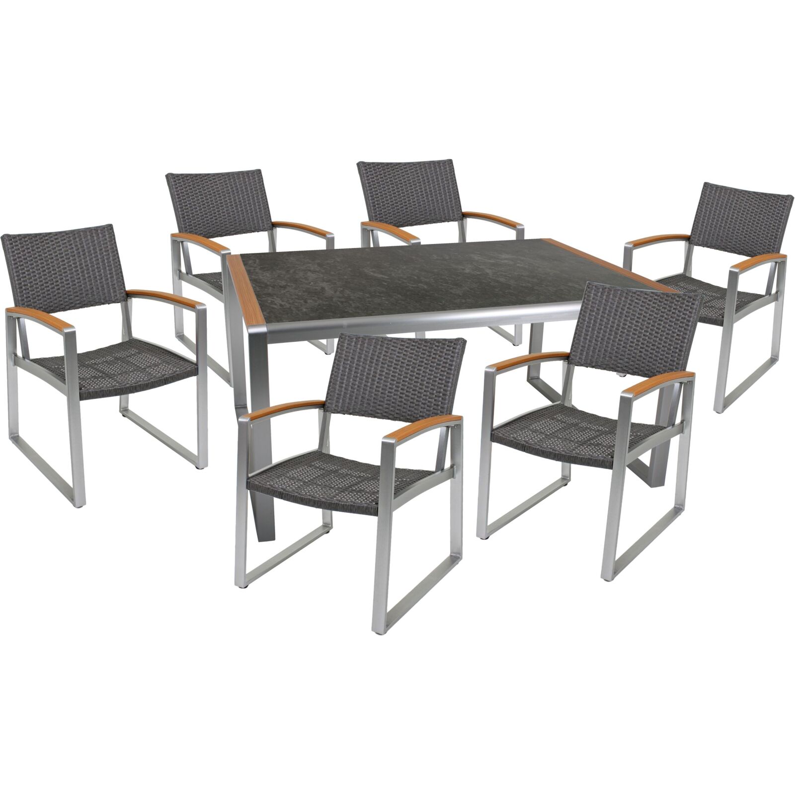 7-teilige Tischgruppe AVERNA - dunkelgrau - Edelstahlfinish - Granitoptik