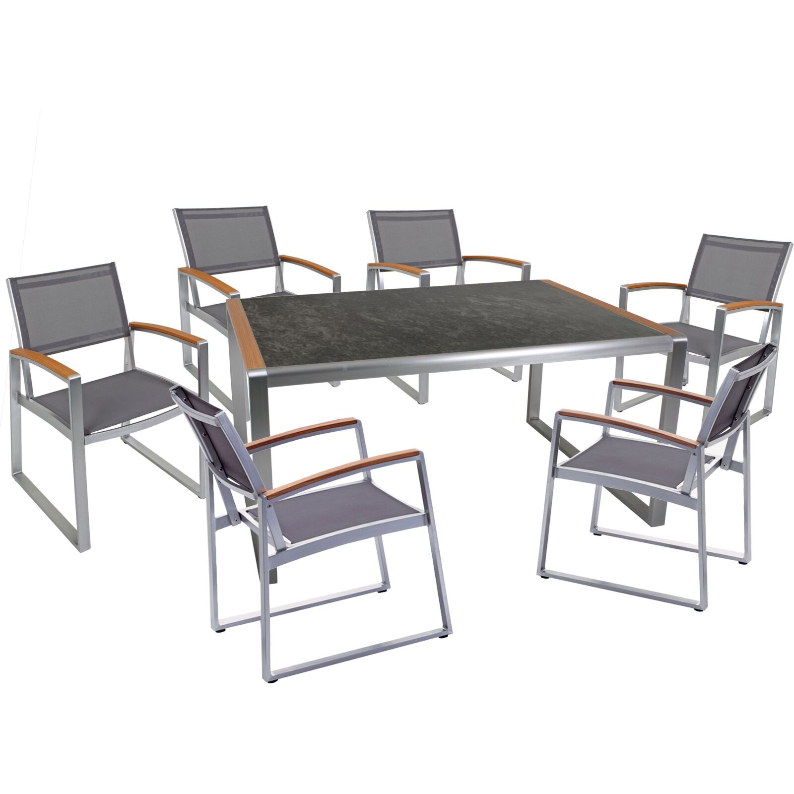 7-teilige Tischgruppe AVERNA - grau - Edelstahlfinish - Granitoptik