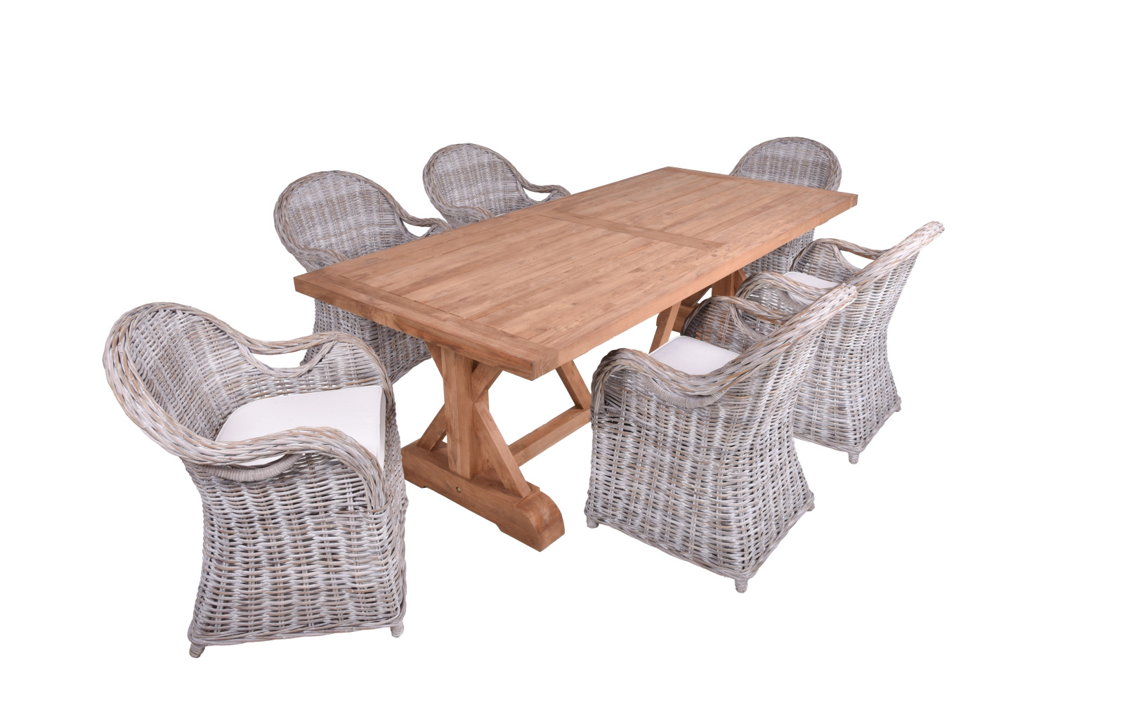 7-teilige Tischgruppe KISAR/BREST 04 - white wash - Teak massiv