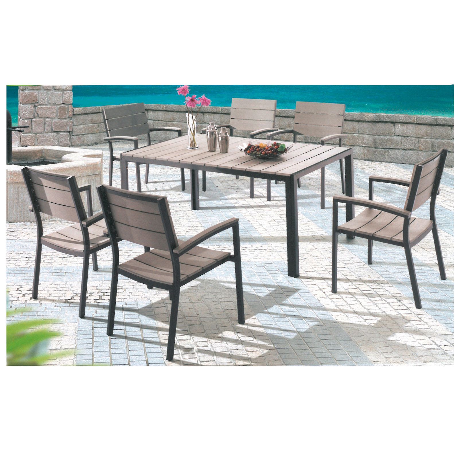 7-teilige Tischgruppe OLIVIA - anthrazit-grau - Holz-Optik
