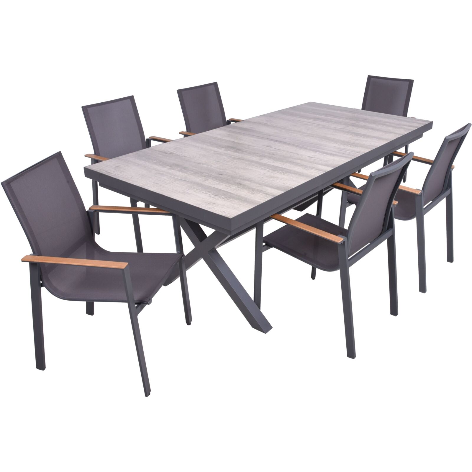 7-teilige Tischgruppe RANA/SILEA - dunkelgrau - hellbraun - Teak - Aluminium