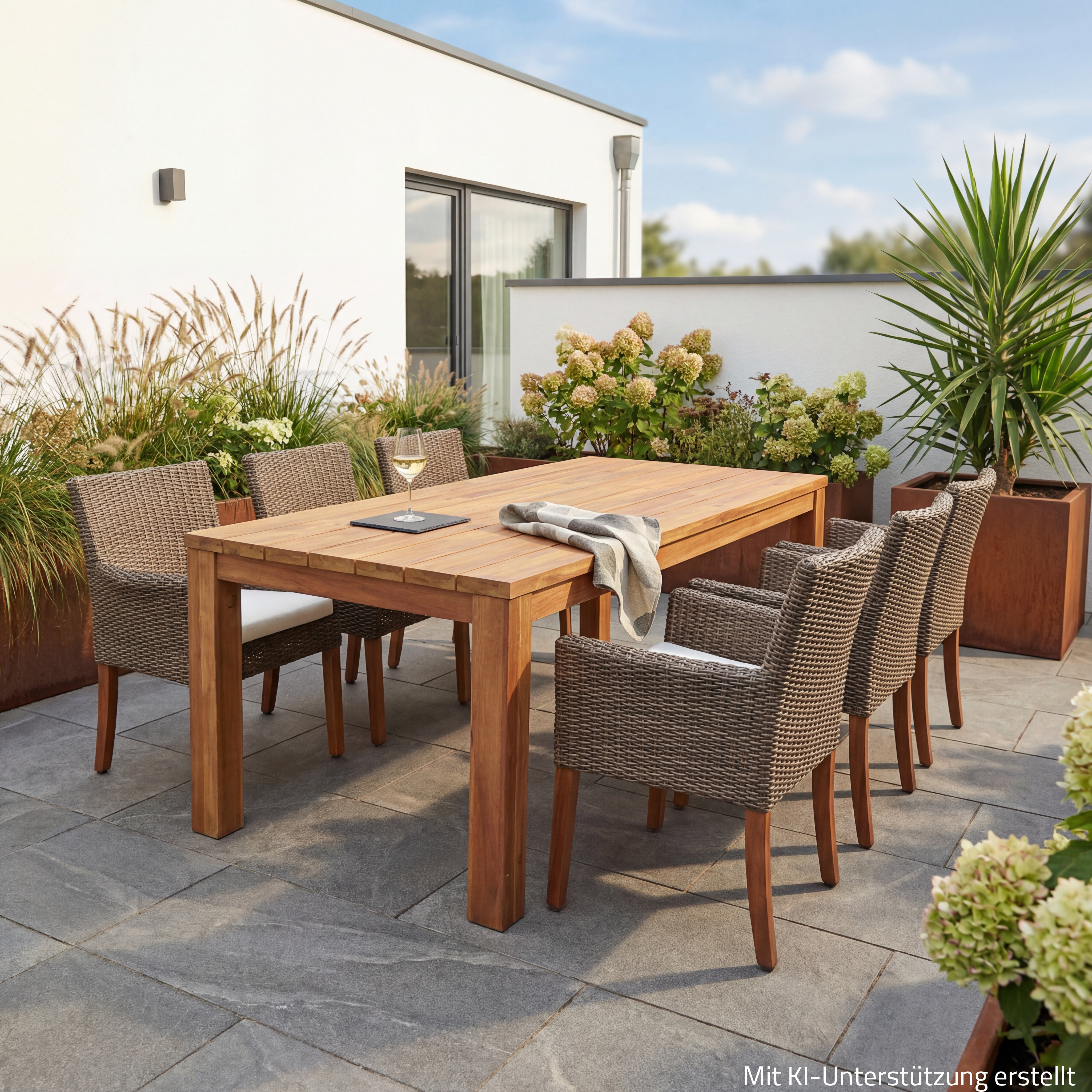 7-teiliges Gartenmöbel-Set PALA - braun-weiß - Akazie - Polyrattan -