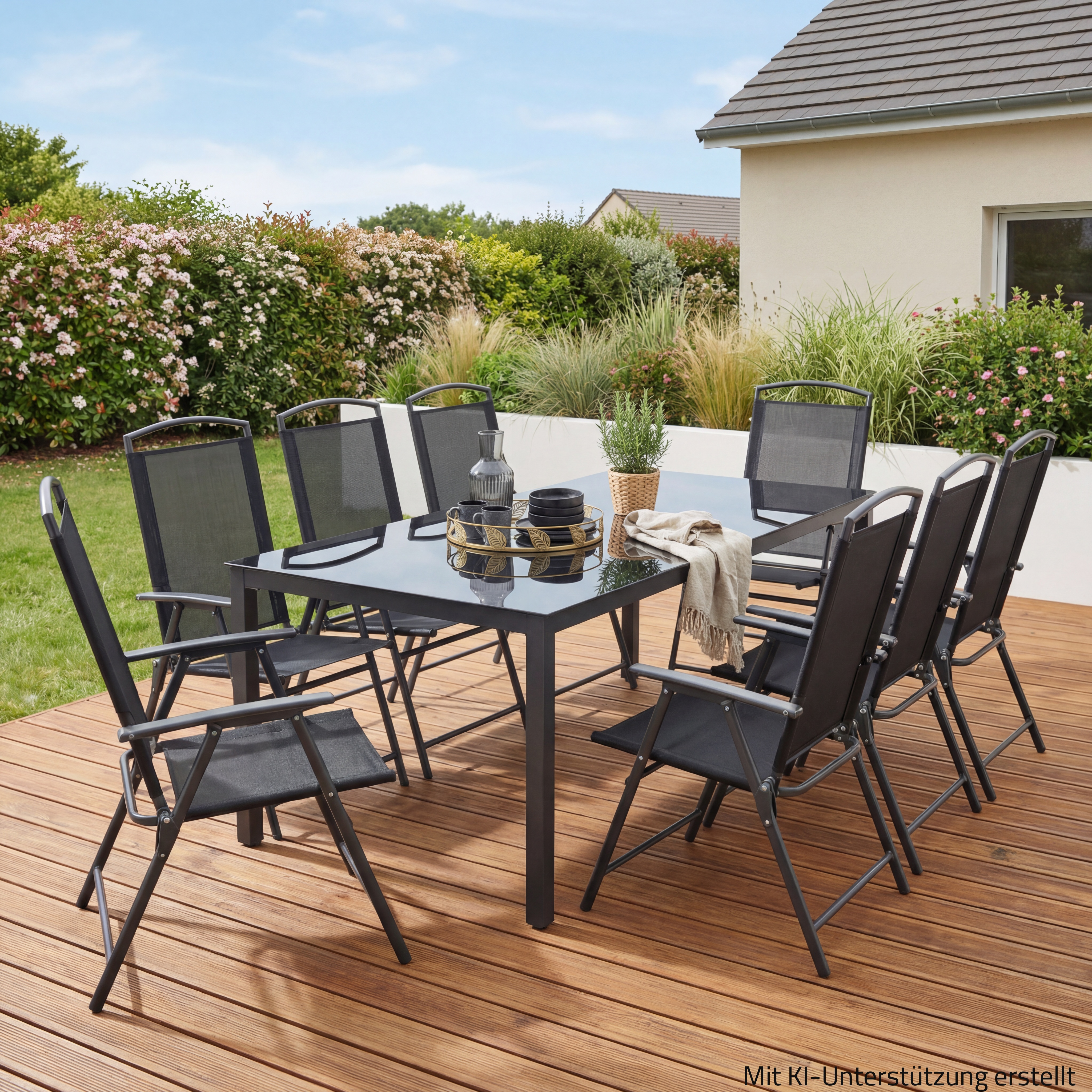 9-teiliges Gartenmöbel-Set - anthrazit-Schwarzglas - Tisch 190x80 cm