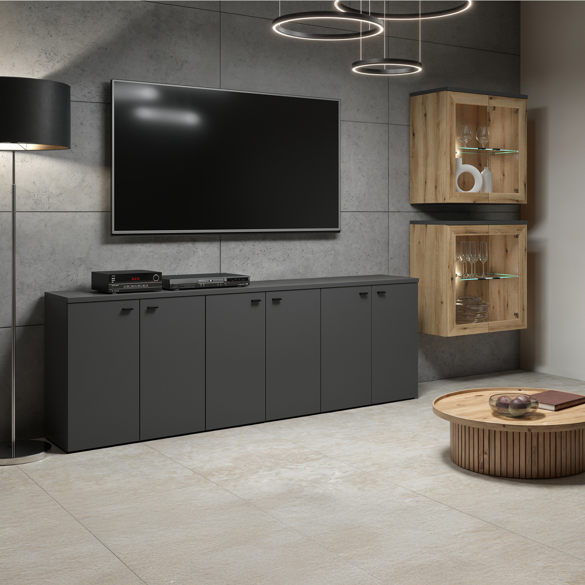 9-teiliges Wohnwand-Set - anthrazit - Evoke Eiche