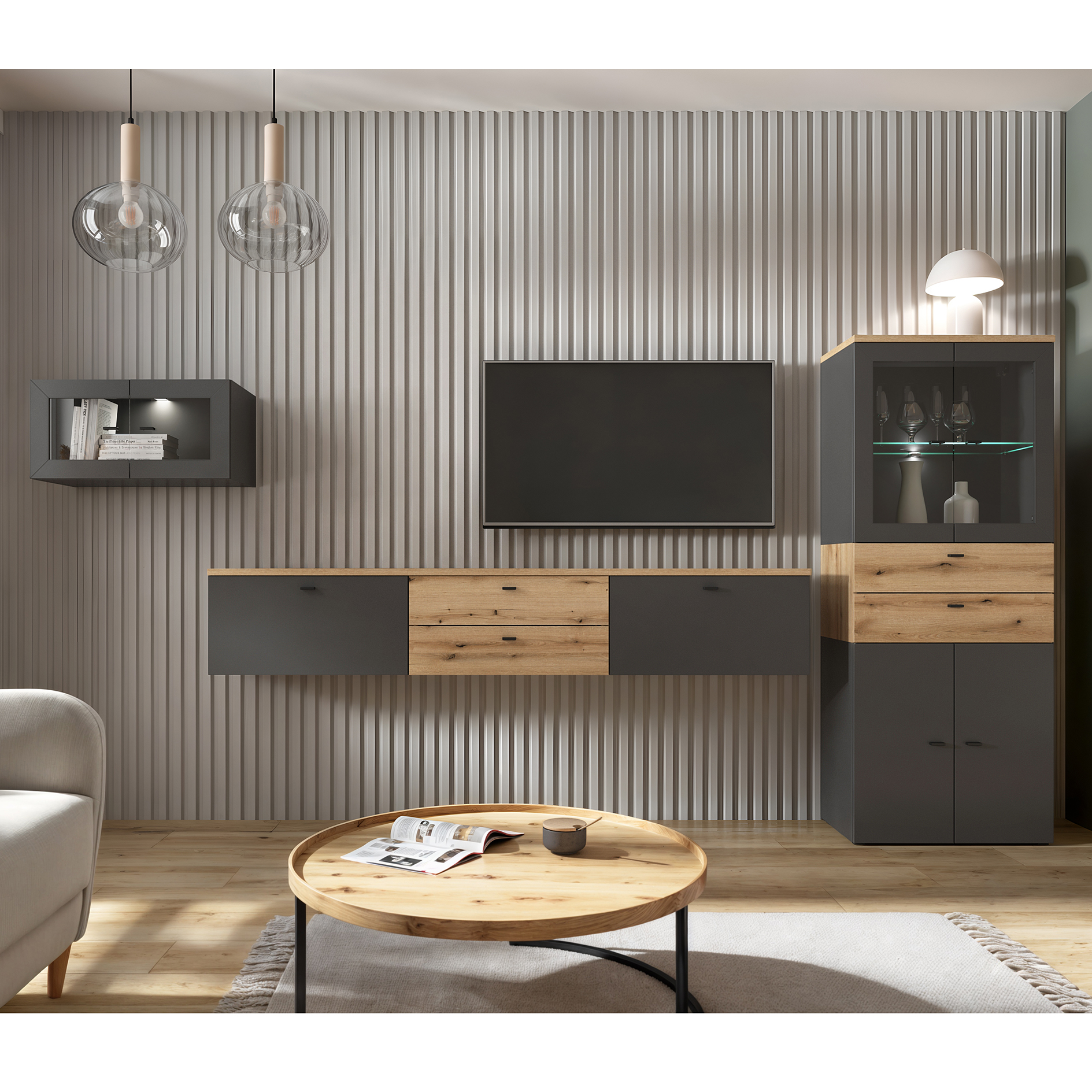 9-teiliges Wohnwand-Set - anthrazit - Evoke Eiche