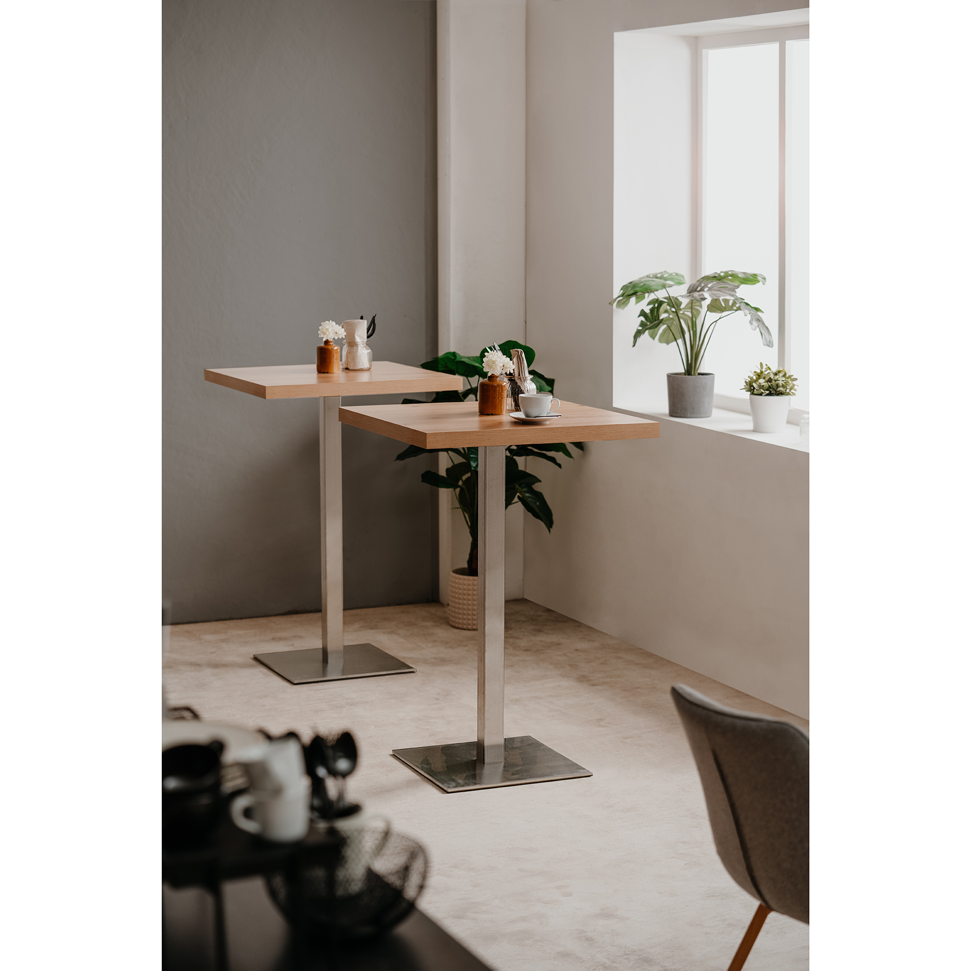 Bartisch QUADRATO - Artisan Eiche - Edelstahl - Säulengestell
