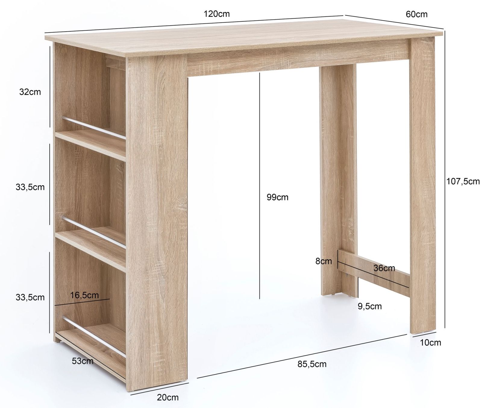 Bartisch - Sonoma Eiche  - 3 Regale - 120 cm
