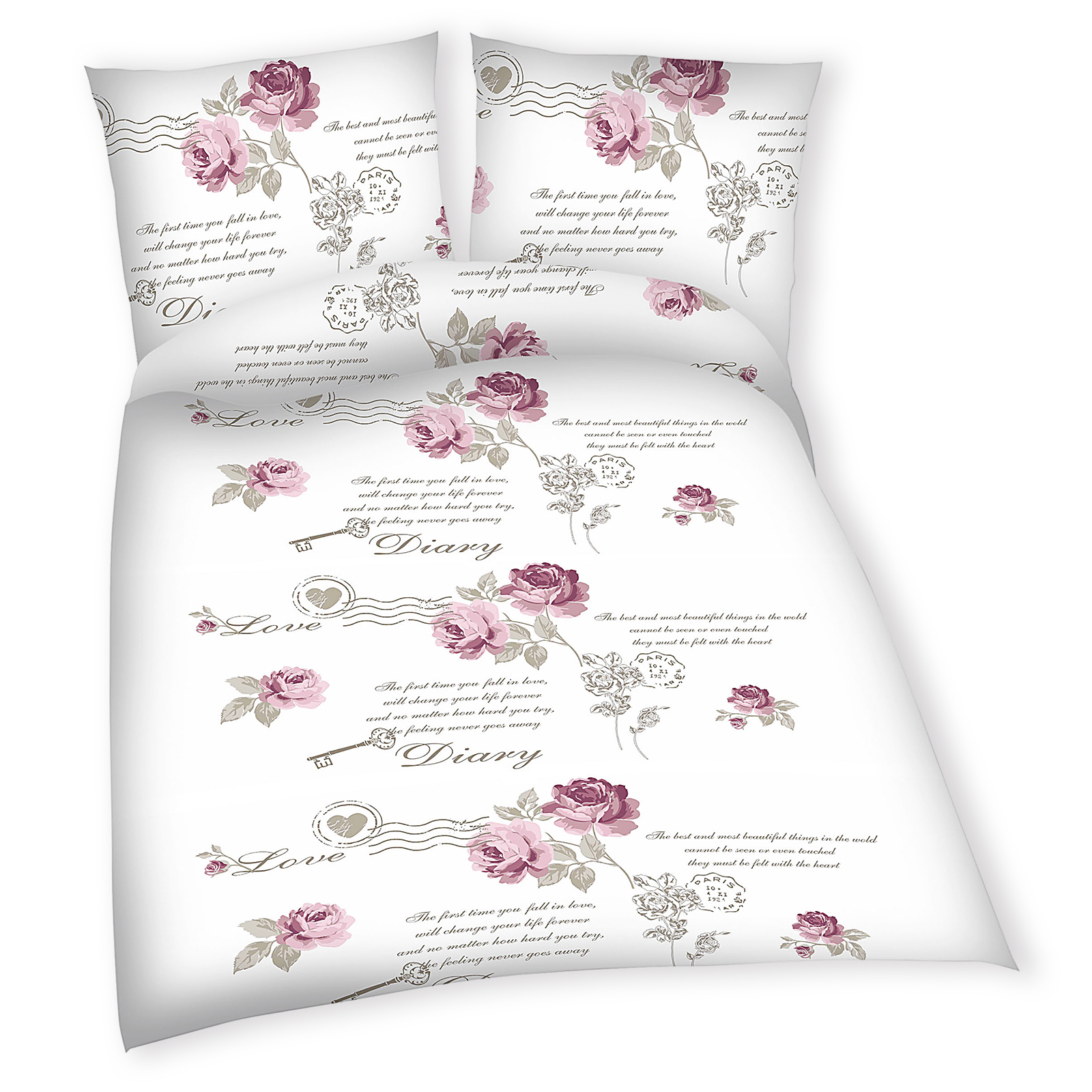 Baumwoll-Bettwäsche - weiß-rosé - Diary Rose - 135x200 cm