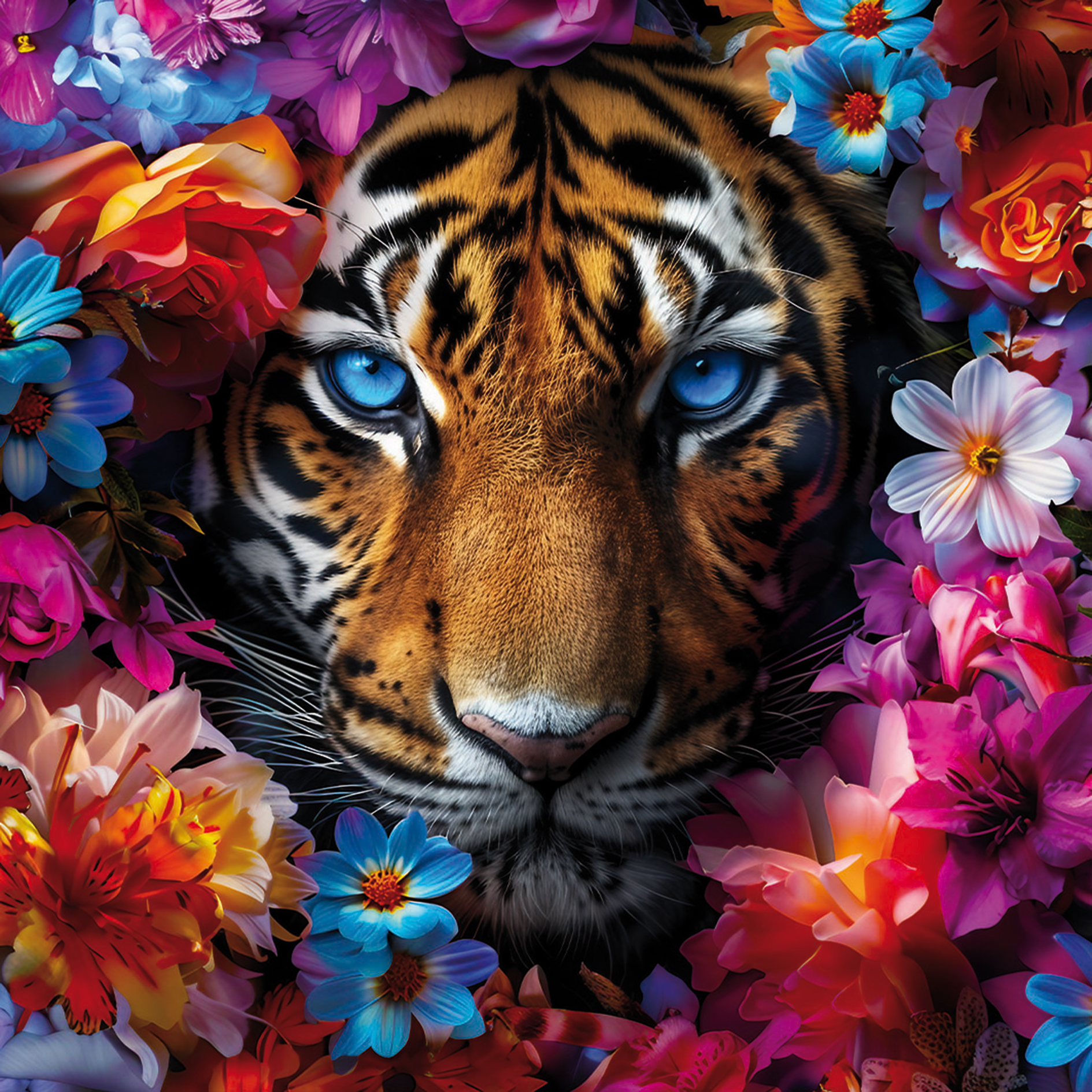 Bild gerahmt TIGER MIT BLUMEN - multicolor - 35x35 cm