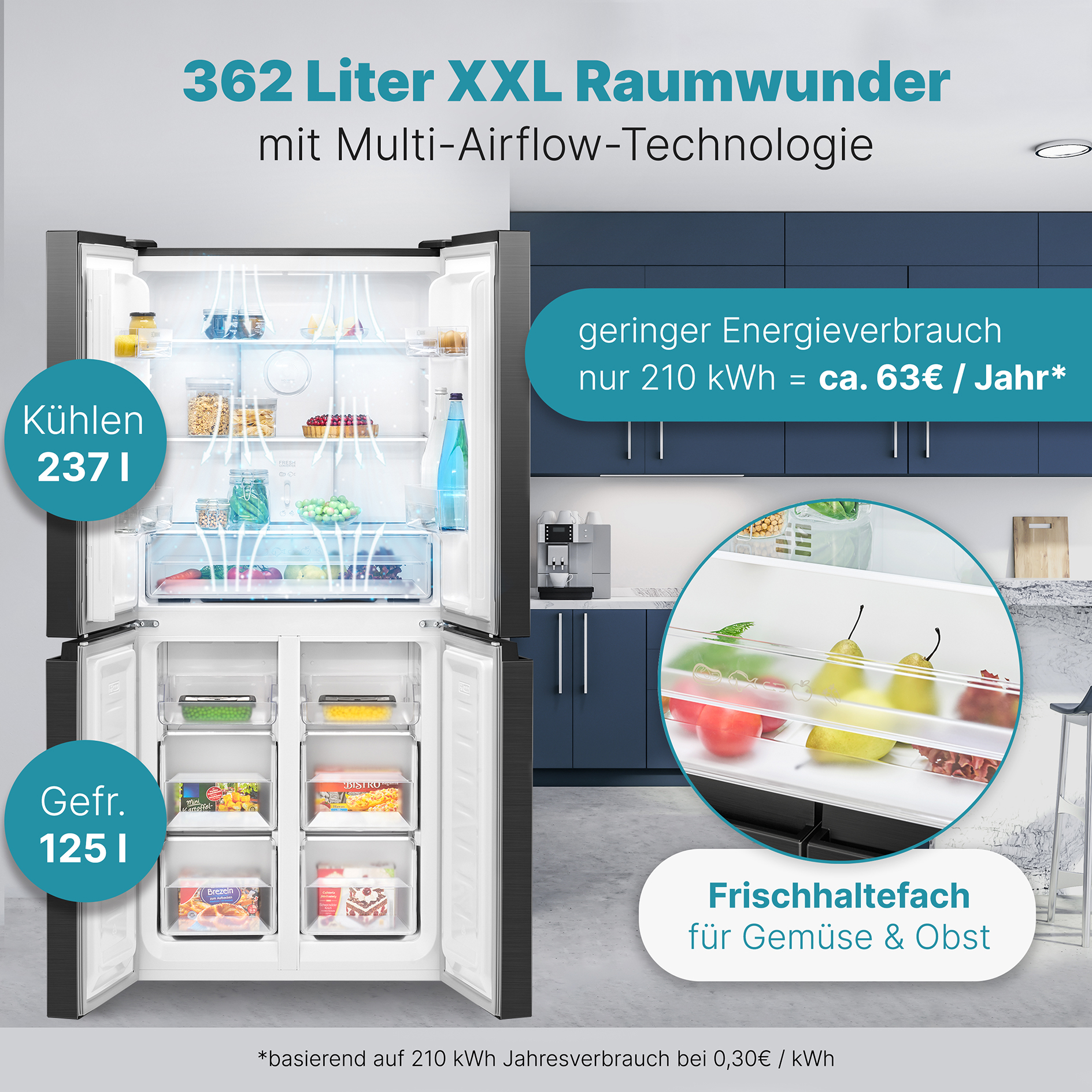 BOMANN Cross Door Kühl-Gefrierkombination KG 7358 - schwarz-inox - D