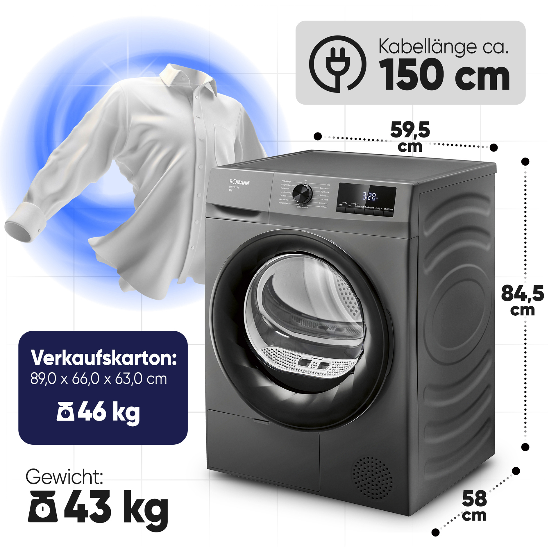 BOMANN Wärmepumpentrockner WPT 7154 - titan schwarz - 8 kg - D