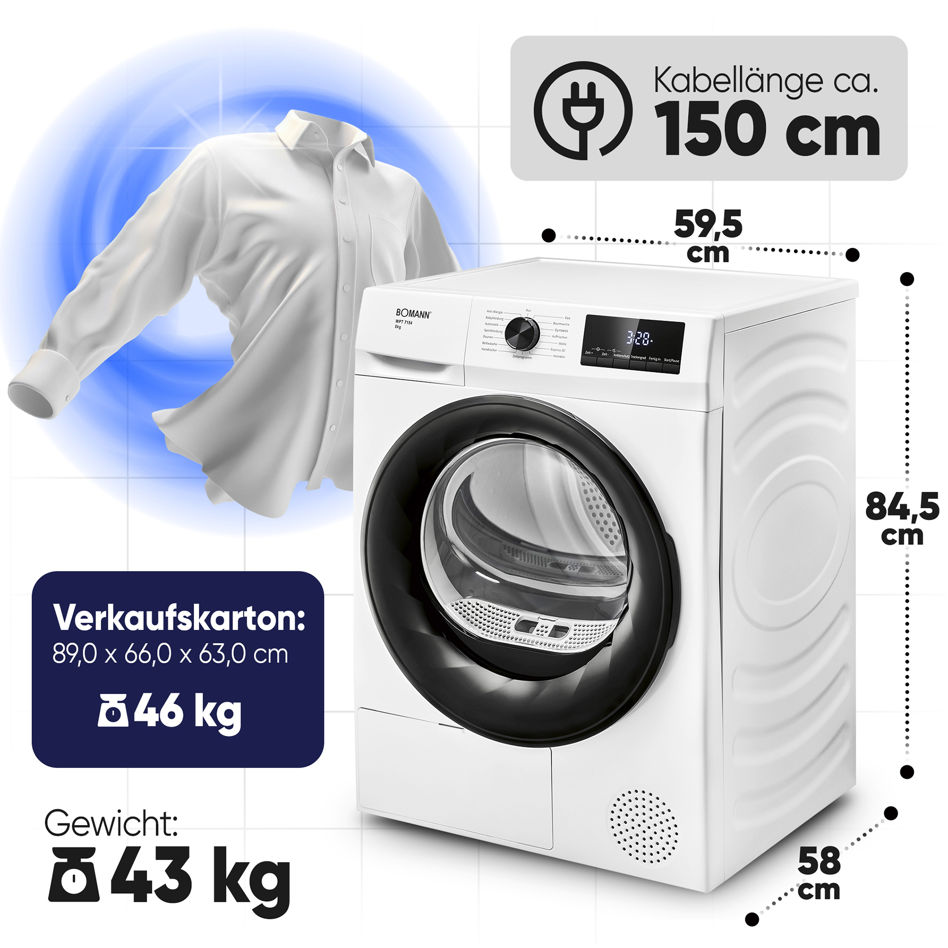 BOMANN Wärmepumpentrockner WPT 7154 - weiß - 8 kg - D