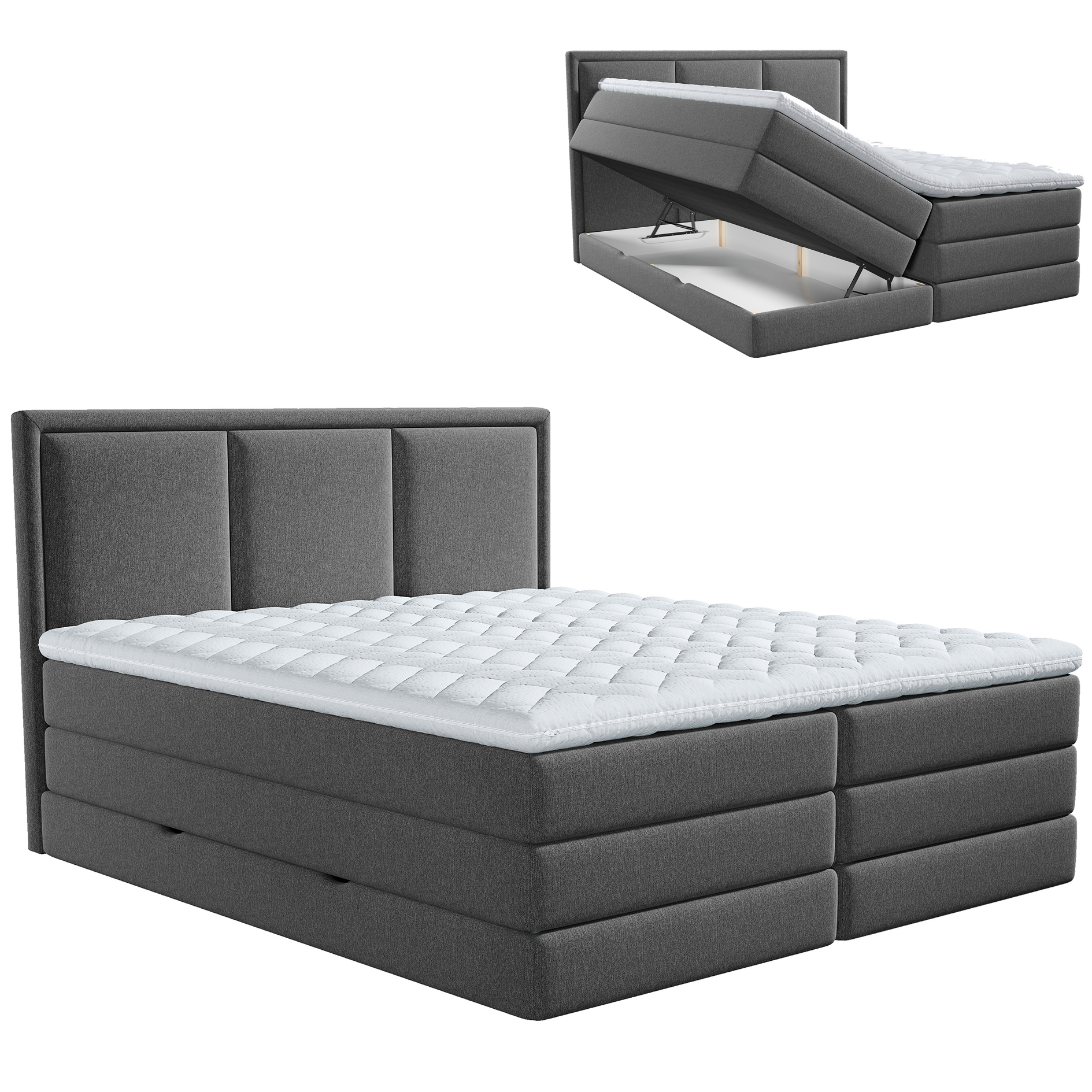 Boxspringbett - anthrazit - H2/H3 - Bettkasten - inklusive Topper - 200x200 cm